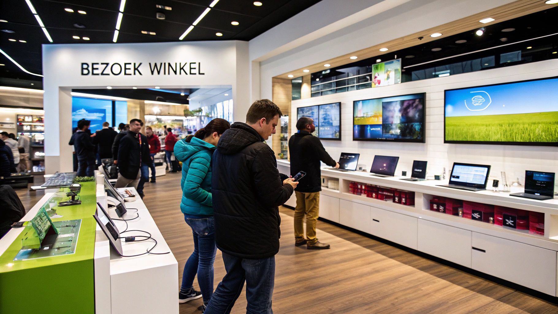 Een blik in een van de ruime MediaMarkt winkels, met diverse producten en afdelingen.