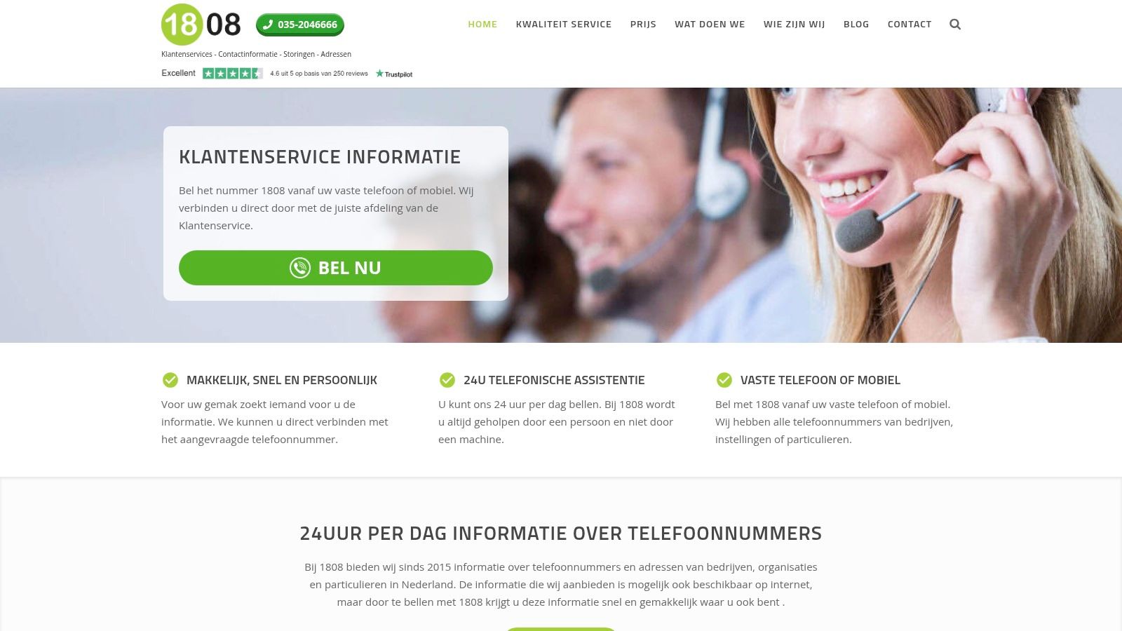 1808 website met een zoekbalk en contactinformatie