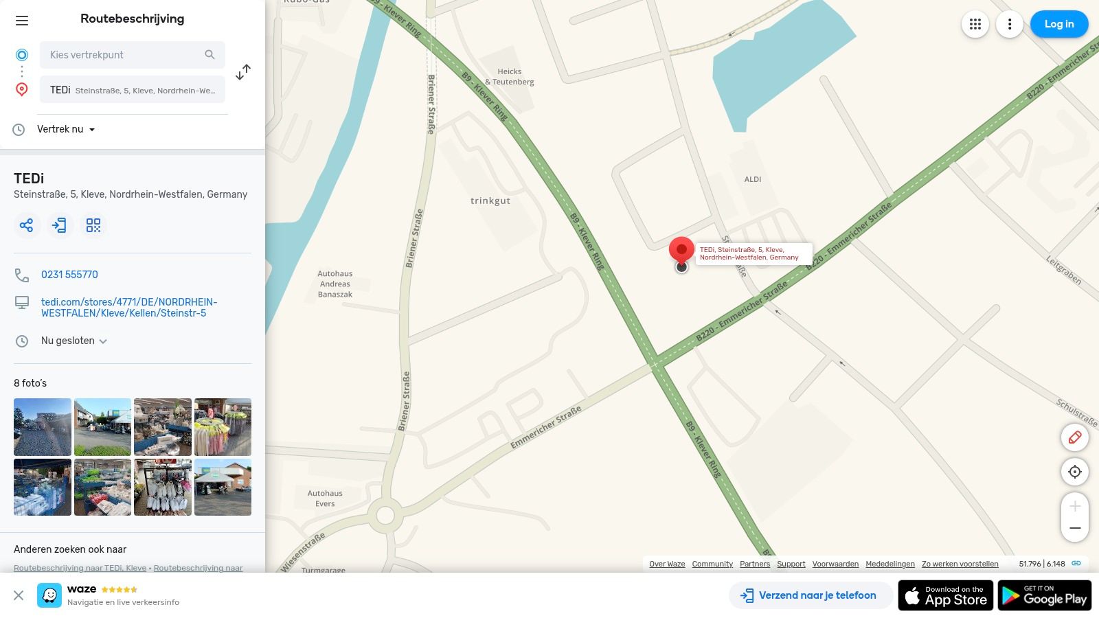 Waze – route naar dichtstbijzijnde Duitse TEDi (bijv. Kleve)