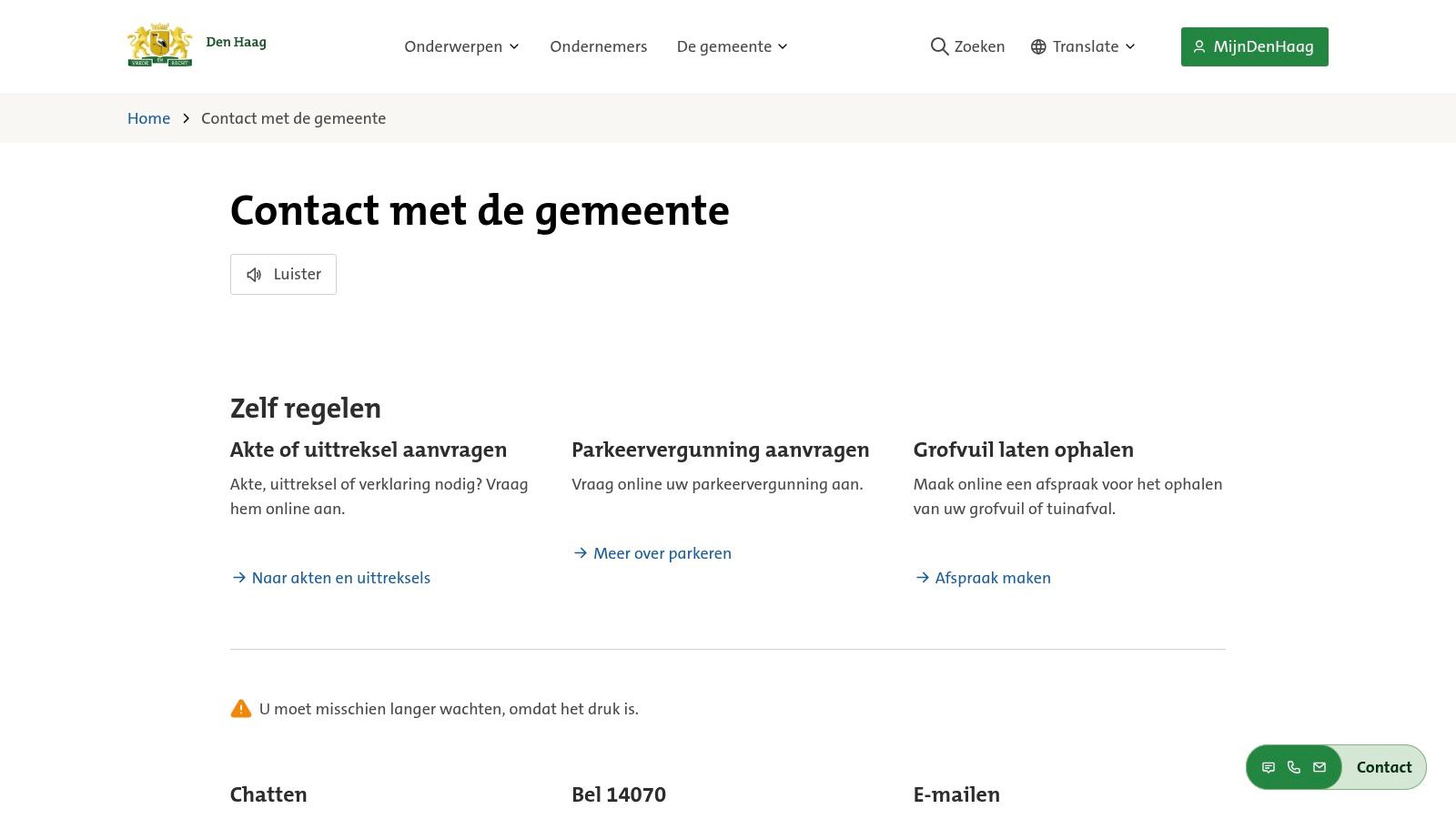 Gemeente Den Haag – Contact met de gemeente (officiële pagina)
