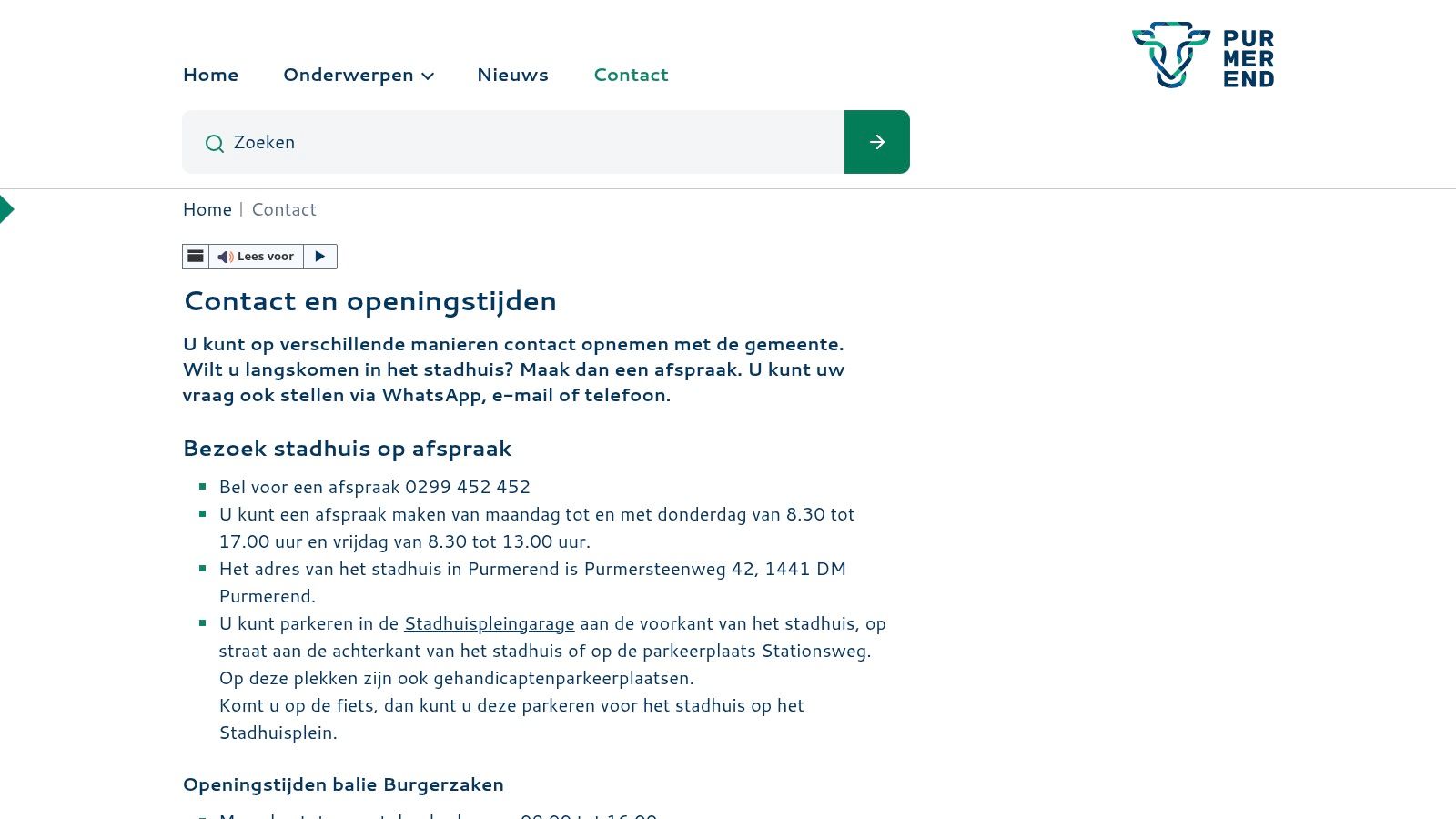 Gemeente Purmerend – Contact en openingstijden