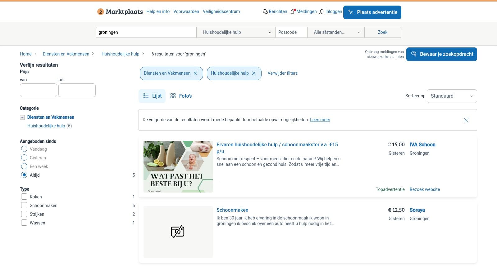 Marktplaats – Diensten & Vakmensen > Huishoudelijke hulp