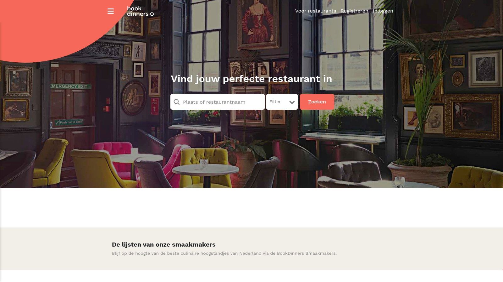 Een zoekopdracht naar restaurants in Amsterdam op de website van BookDinners