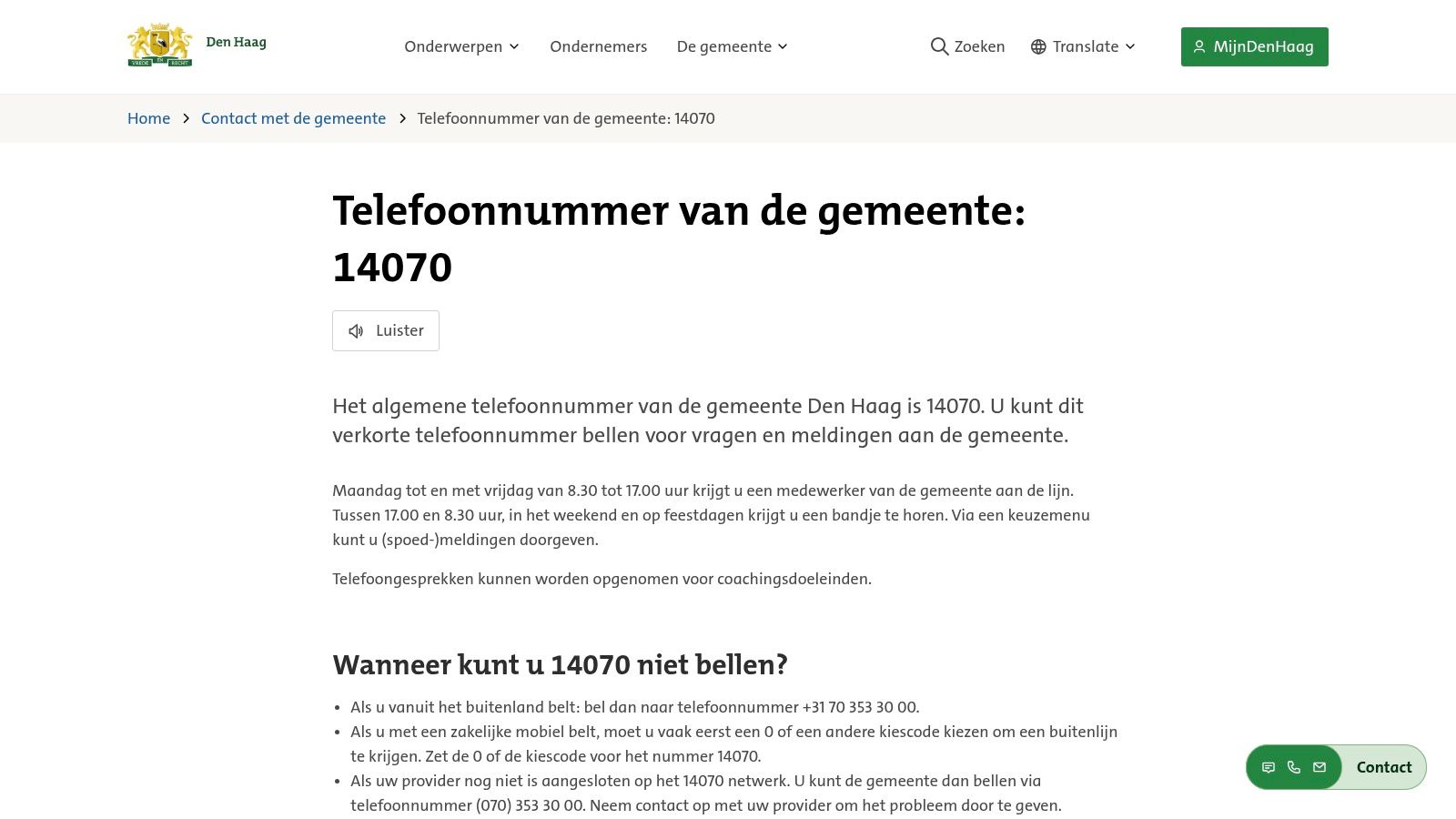 Gemeente Den Haag – Telefoonnummer 14070 (uitleg & kosten)