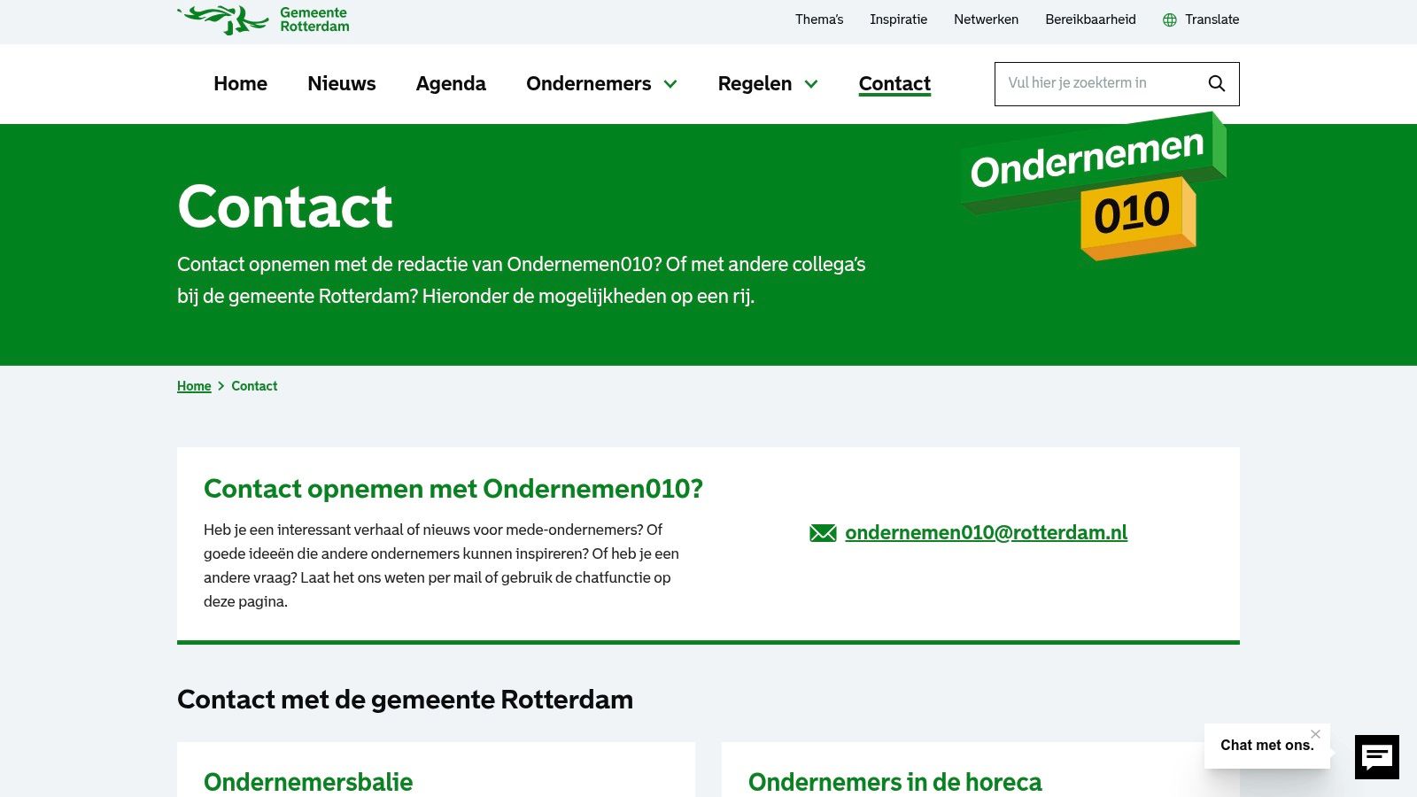 Ondernemen010 (Gemeente Rotterdam – ondernemersportaal) – Contact