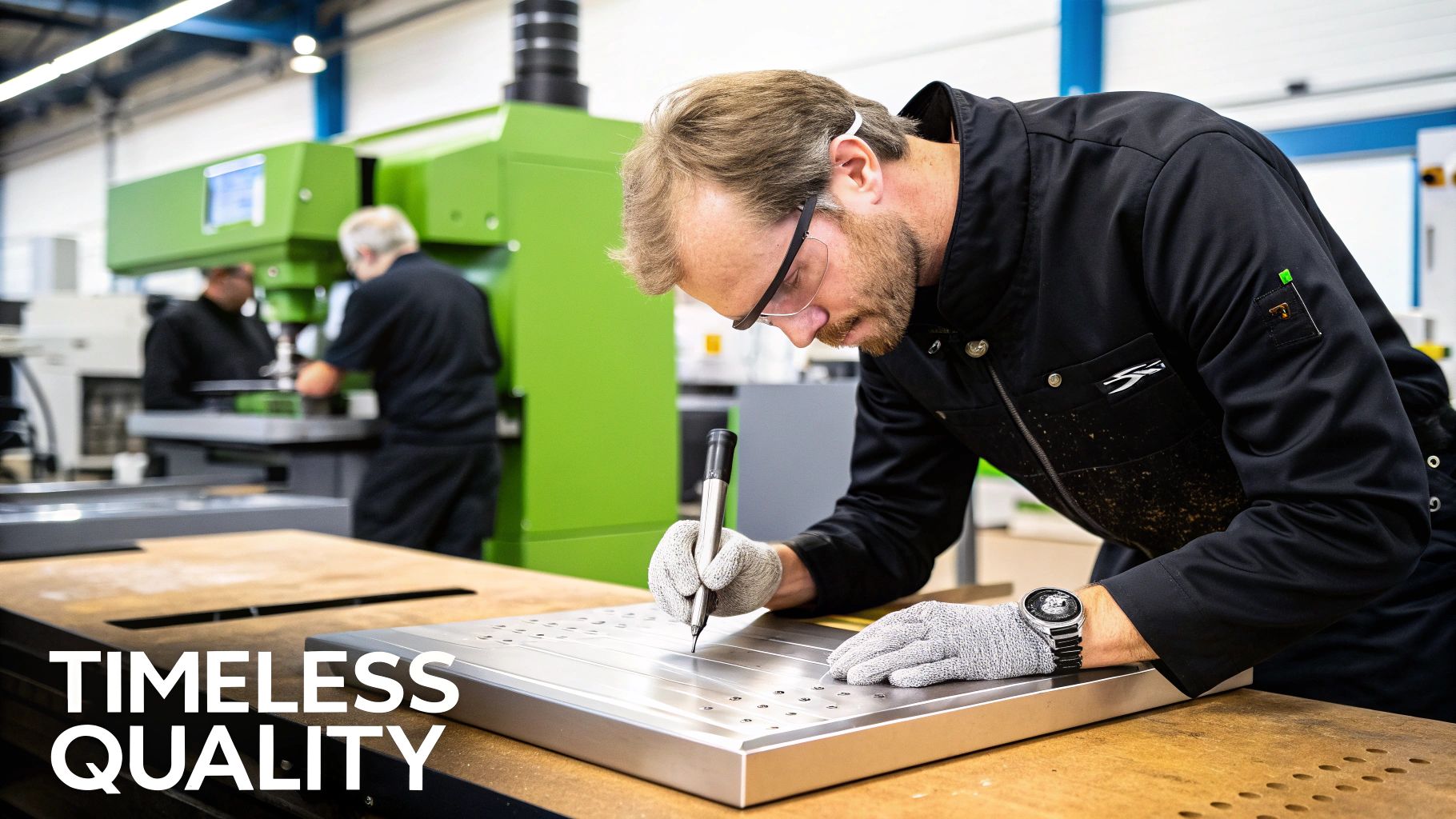 Man using a marker to engrave stainless steel plaque in a workshop, showcasing precision craftsmanship and quality in plaque production.