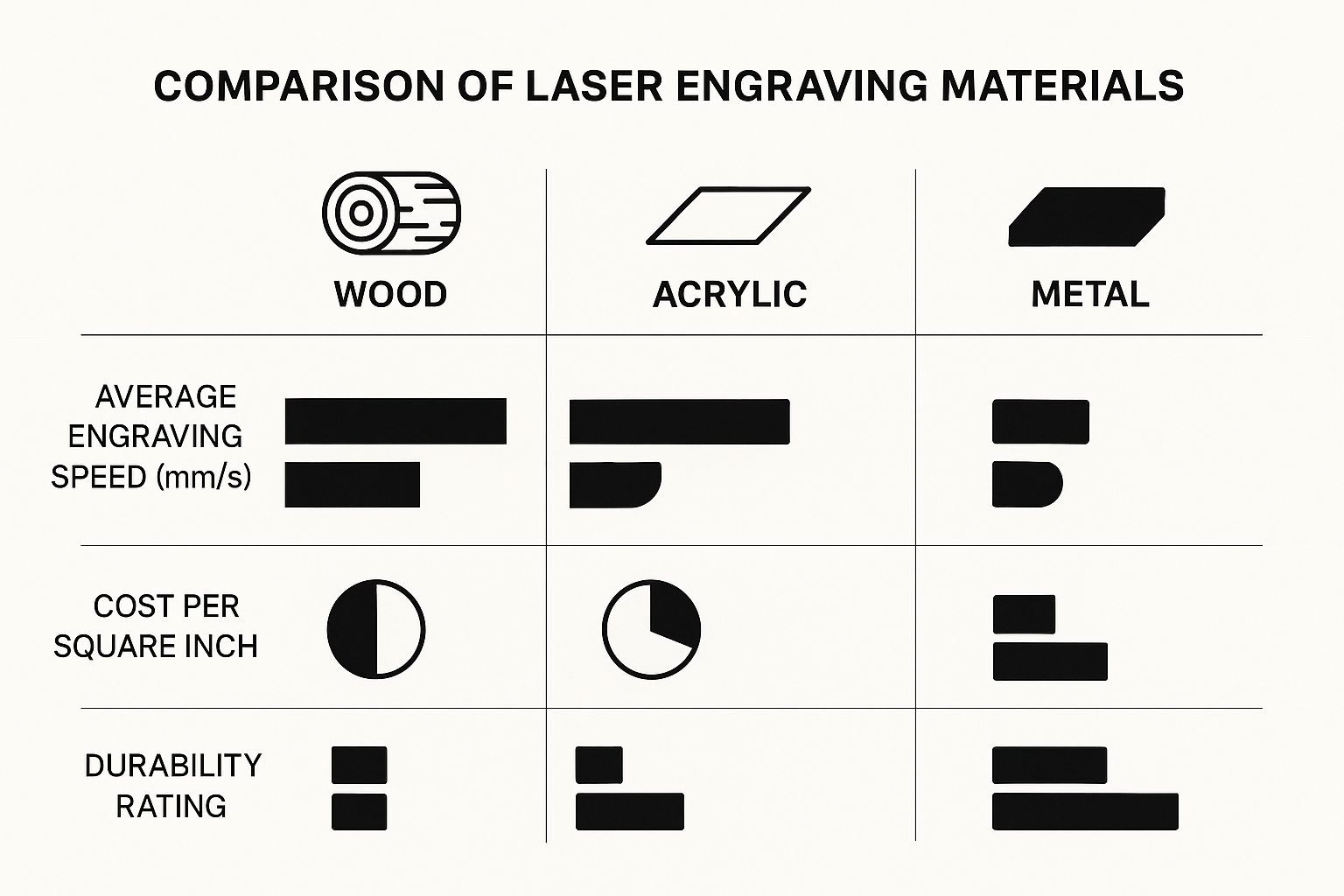 Comparison infographic of laser engraving materials including wood, acrylic, and metal, highlighting average engraving speed, cost per square inch, and durability rating.
