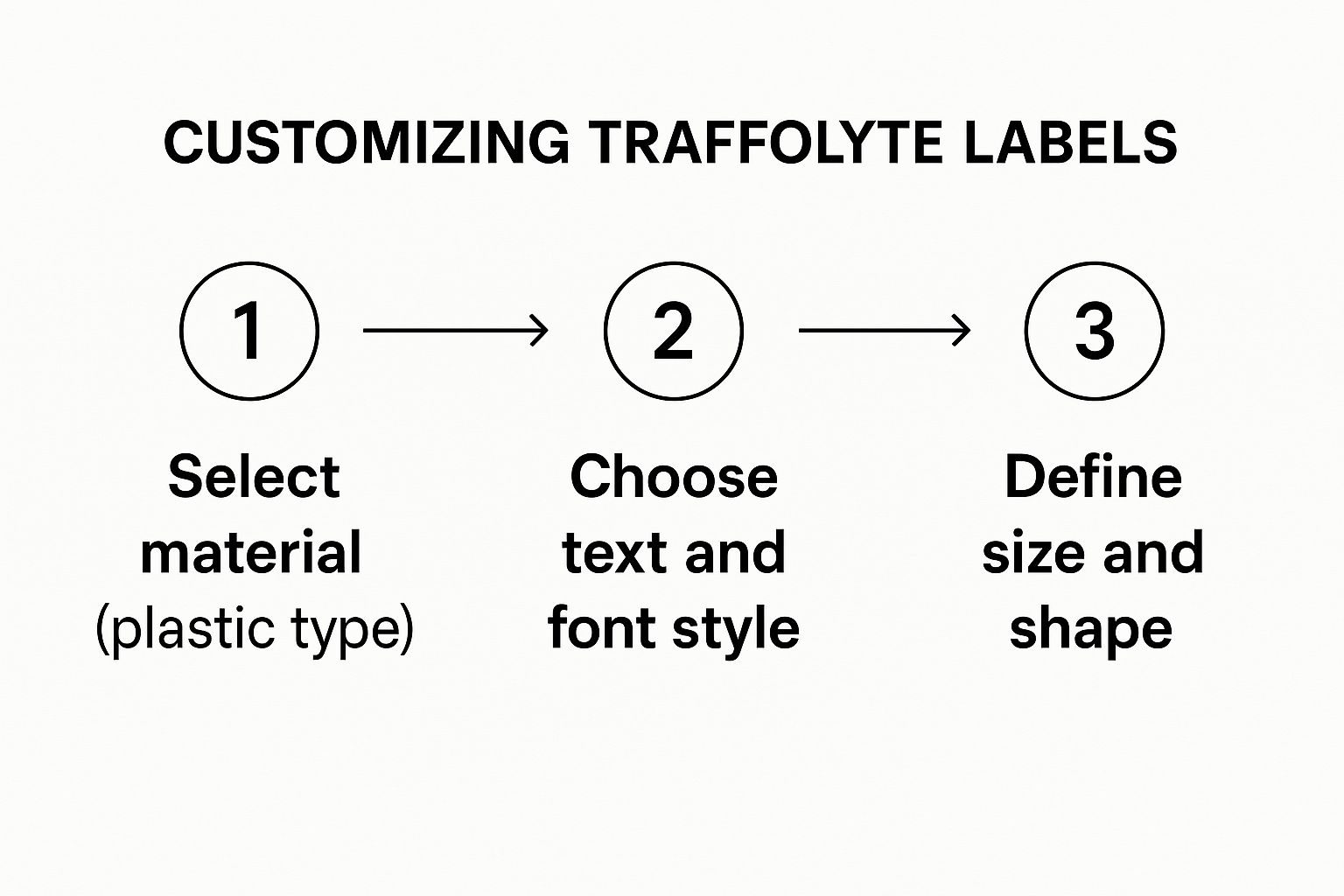 Customizing traffolyte labels process diagram showing steps: select material, choose text and font style, define size and shape.
