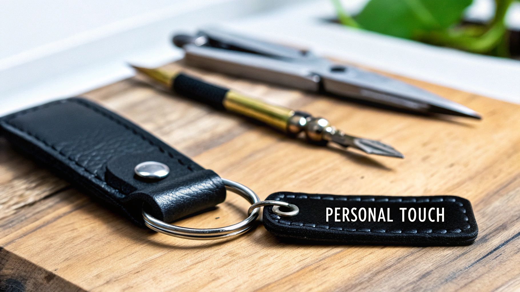Personalized leather key ring with the phrase "PERSONAL TOUCH," surrounded by crafting tools on a wooden surface, symbolizing custom leather accessories.