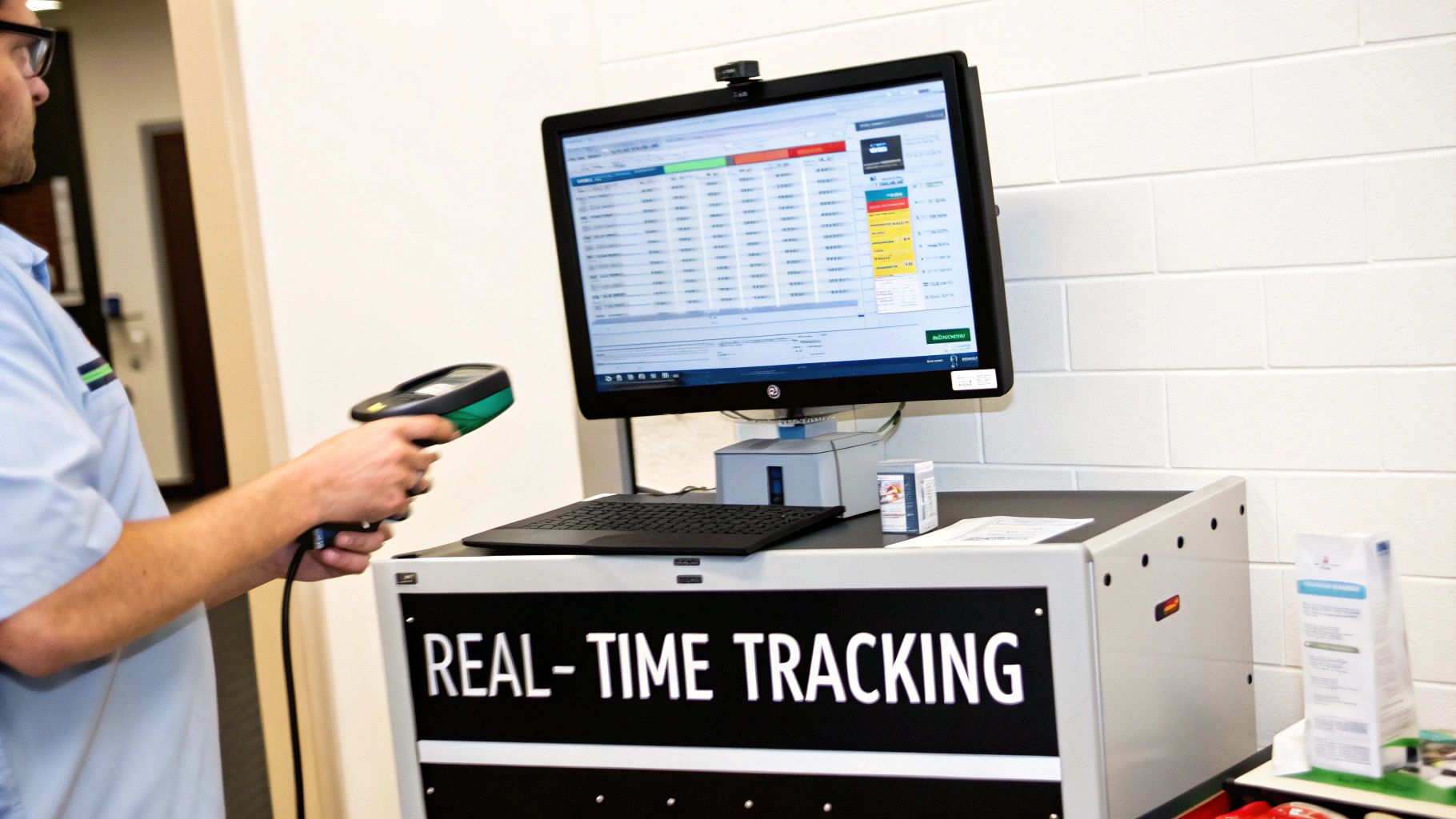 A person uses a barcode scanner to track assets on a computer displaying real-time management software.