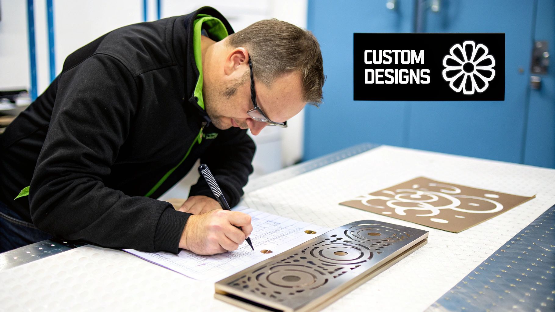 A powerful Trotec laser machine head precisely etching a design onto a sheet of stainless steel.
