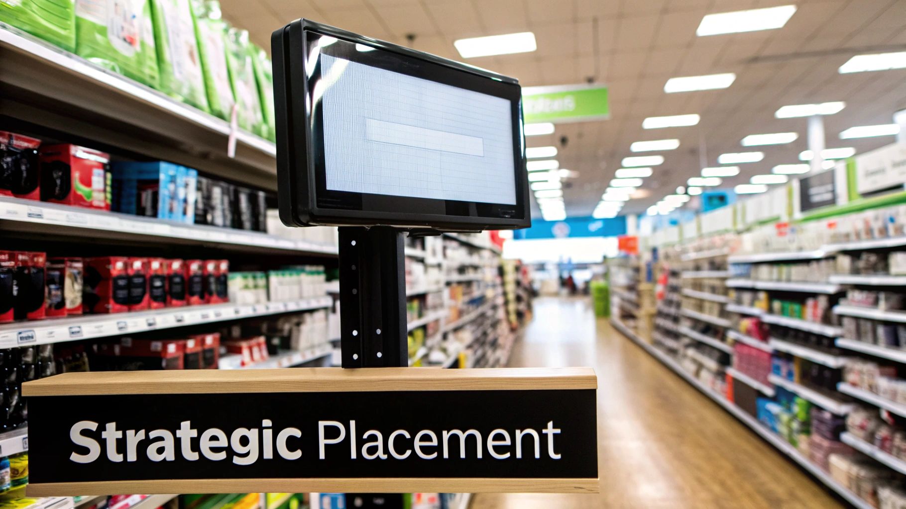 Digital display sign labeled "Strategic Placement" in a retail aisle, showcasing effective signage design principles for clearance sales to attract customer attention.
