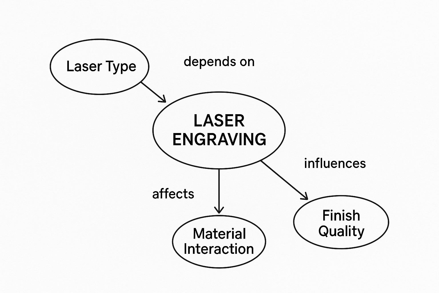 Laser engraving diagram illustrating the relationship between laser type, material interaction, and finish quality, emphasizing the importance of technology in achieving precise engraving results.