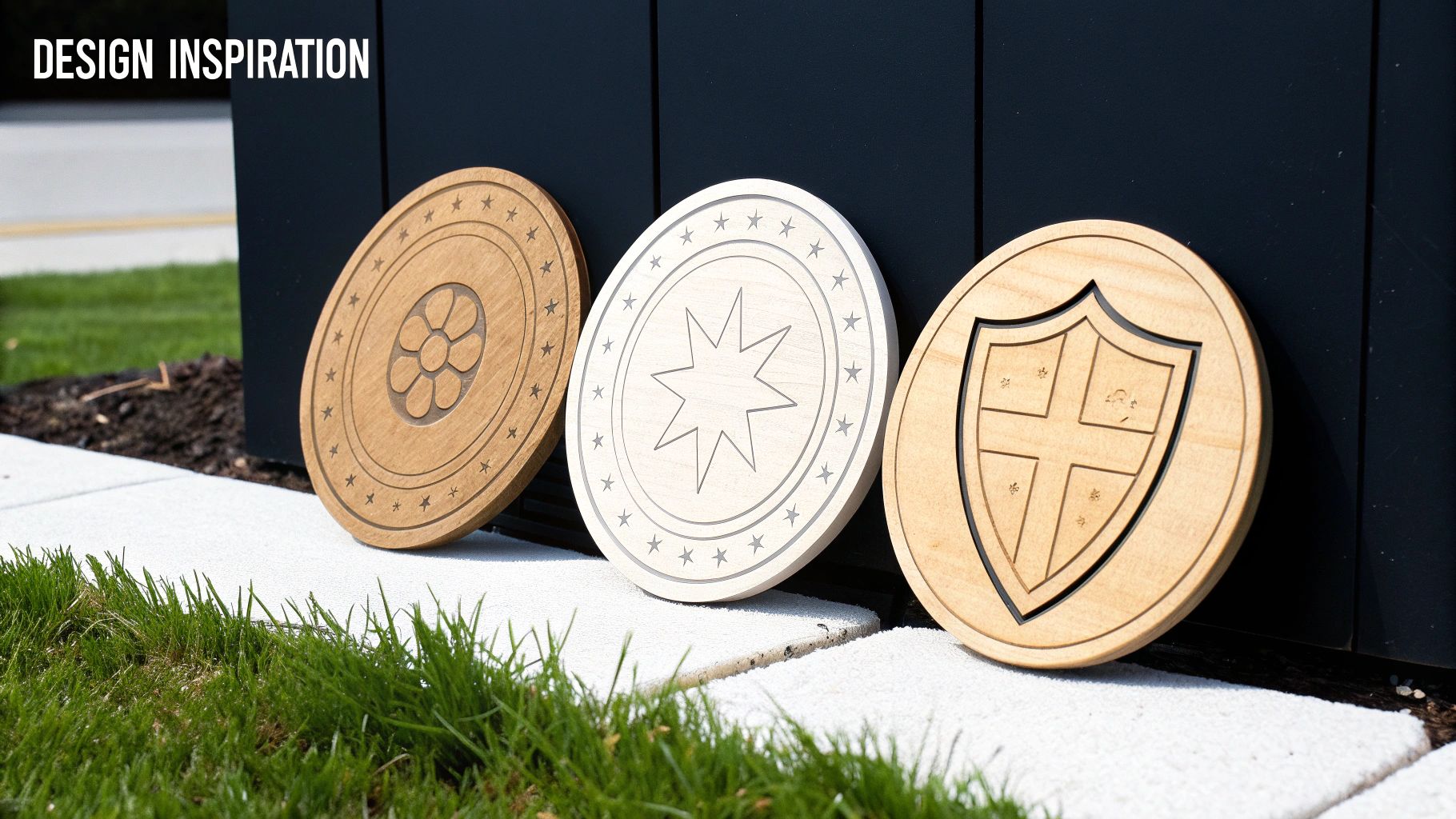 Wooden plaques with intricate laser-etched designs, showcasing a floral motif, a star, and a shield, set against a modern black background in a landscaped outdoor setting.