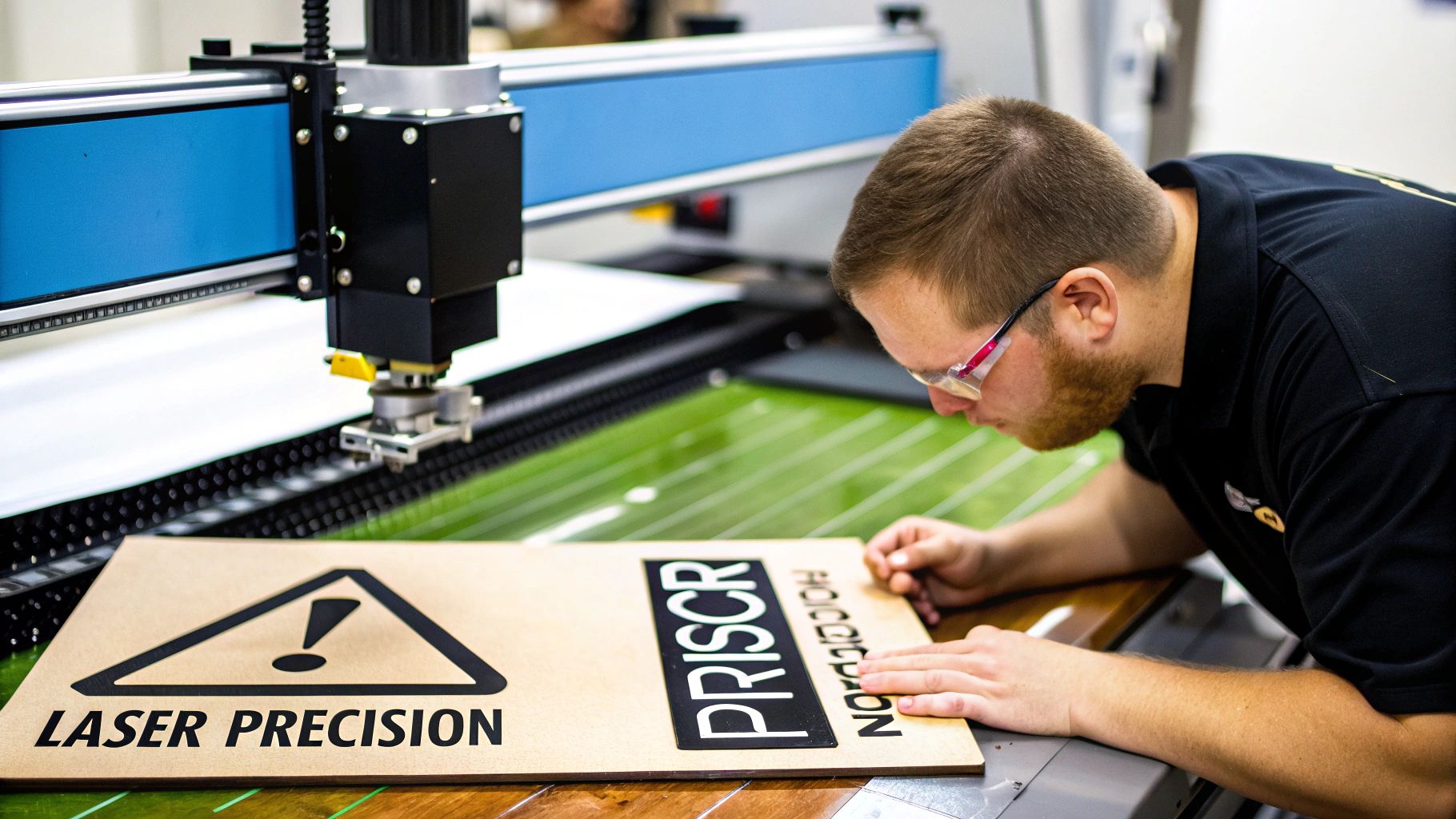 A man wearing safety glasses works with a laser precision machine, creating a sign that says "LASER PRECISION".