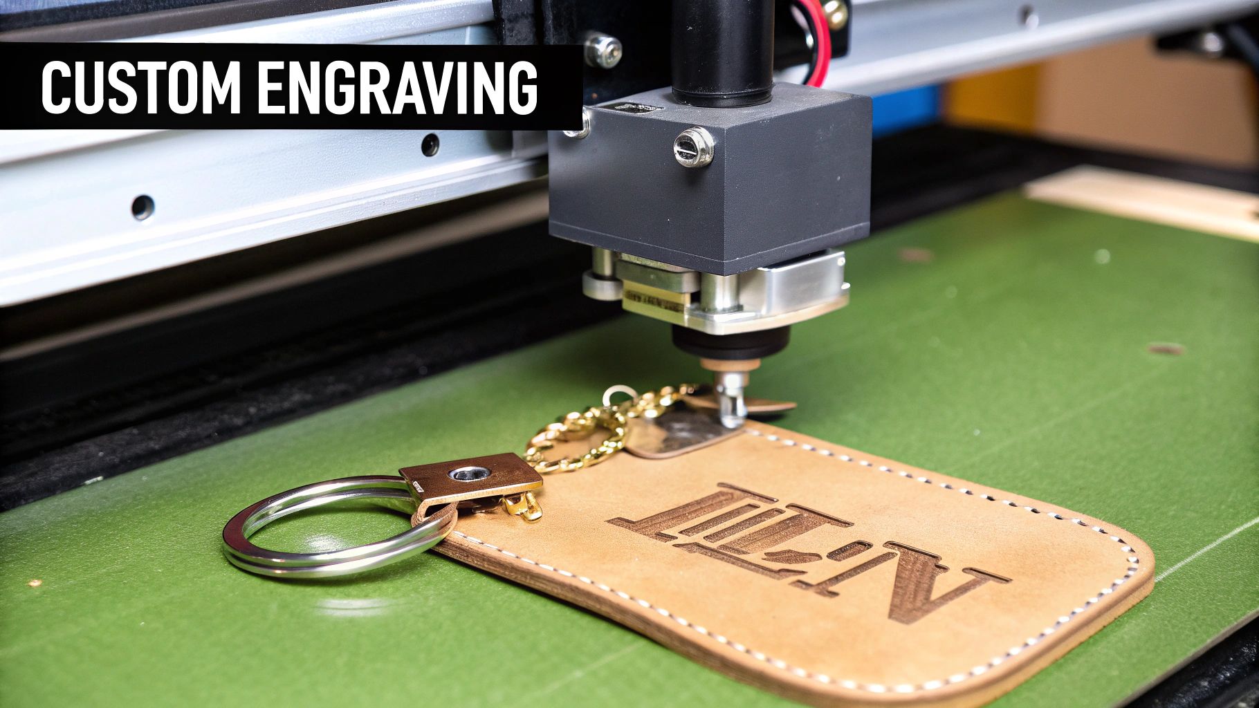 Laser engraving machine customizing a leather keychain with the text "CUSTOM ENGRAVING" on a green work surface.