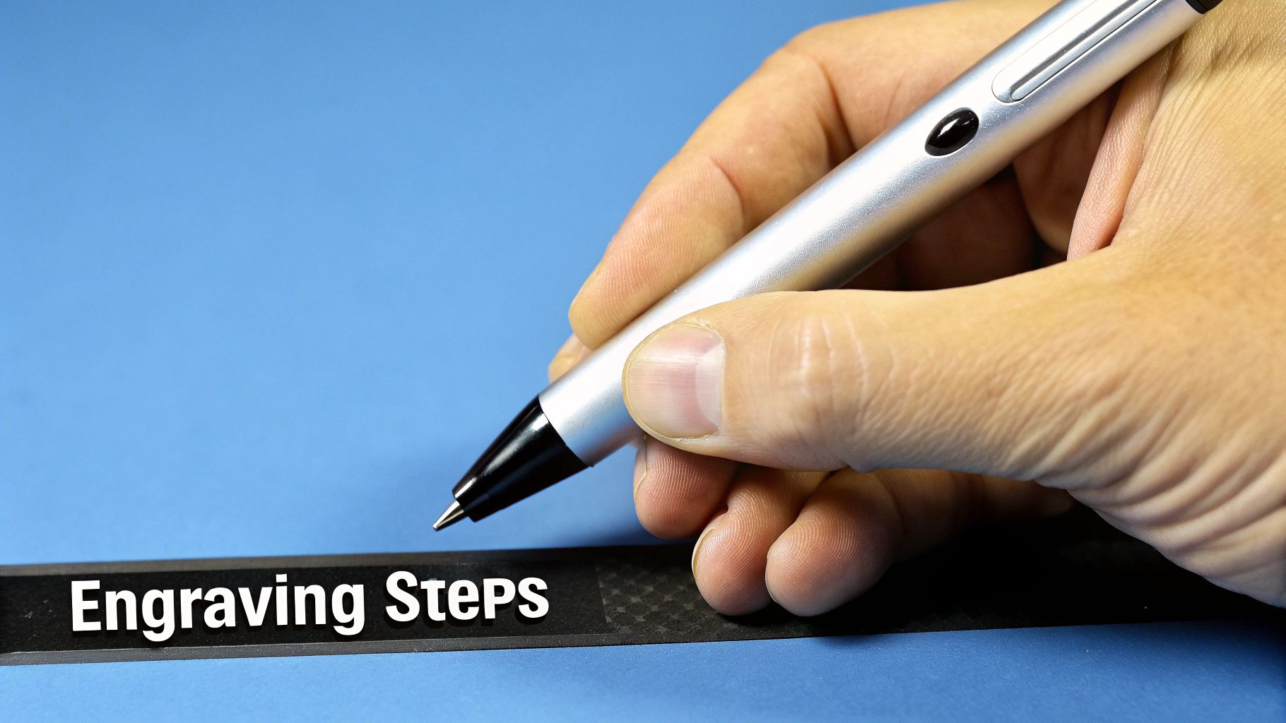 Hand holding a silver pen over a black strip labeled "Engraving Steps" on a blue background, illustrating the preparation process for laser engraving.