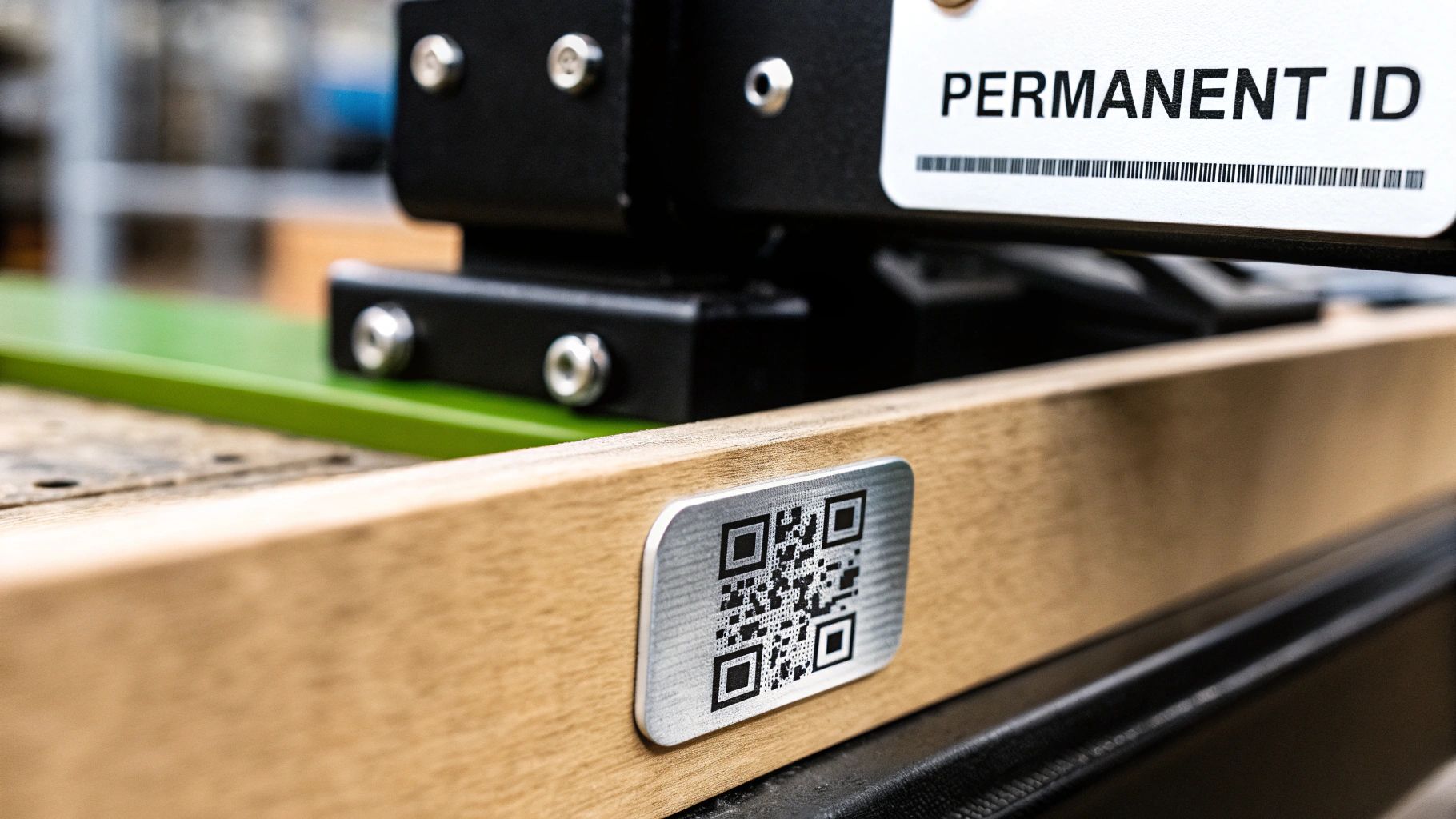 Close-up of a metallic QR code on wood, next to a 'PERMANENT ID' label, for asset tracking.