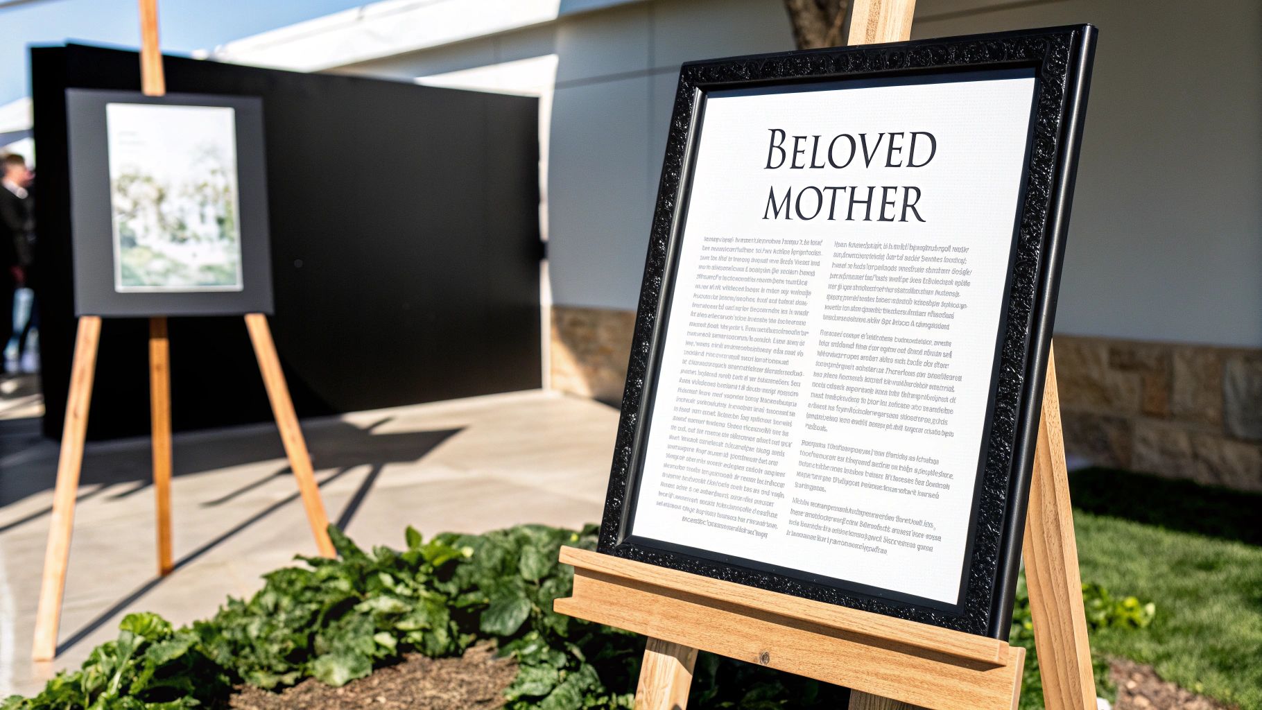 A close-up image of a memorial plaque focusing on family relationships.