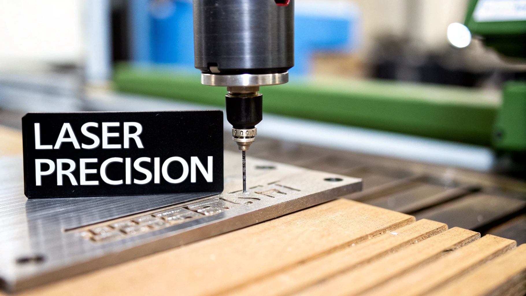 Close-up of a precision engraving machine creating designs on a metal plate, near a 'LASER PRECISION' sign.