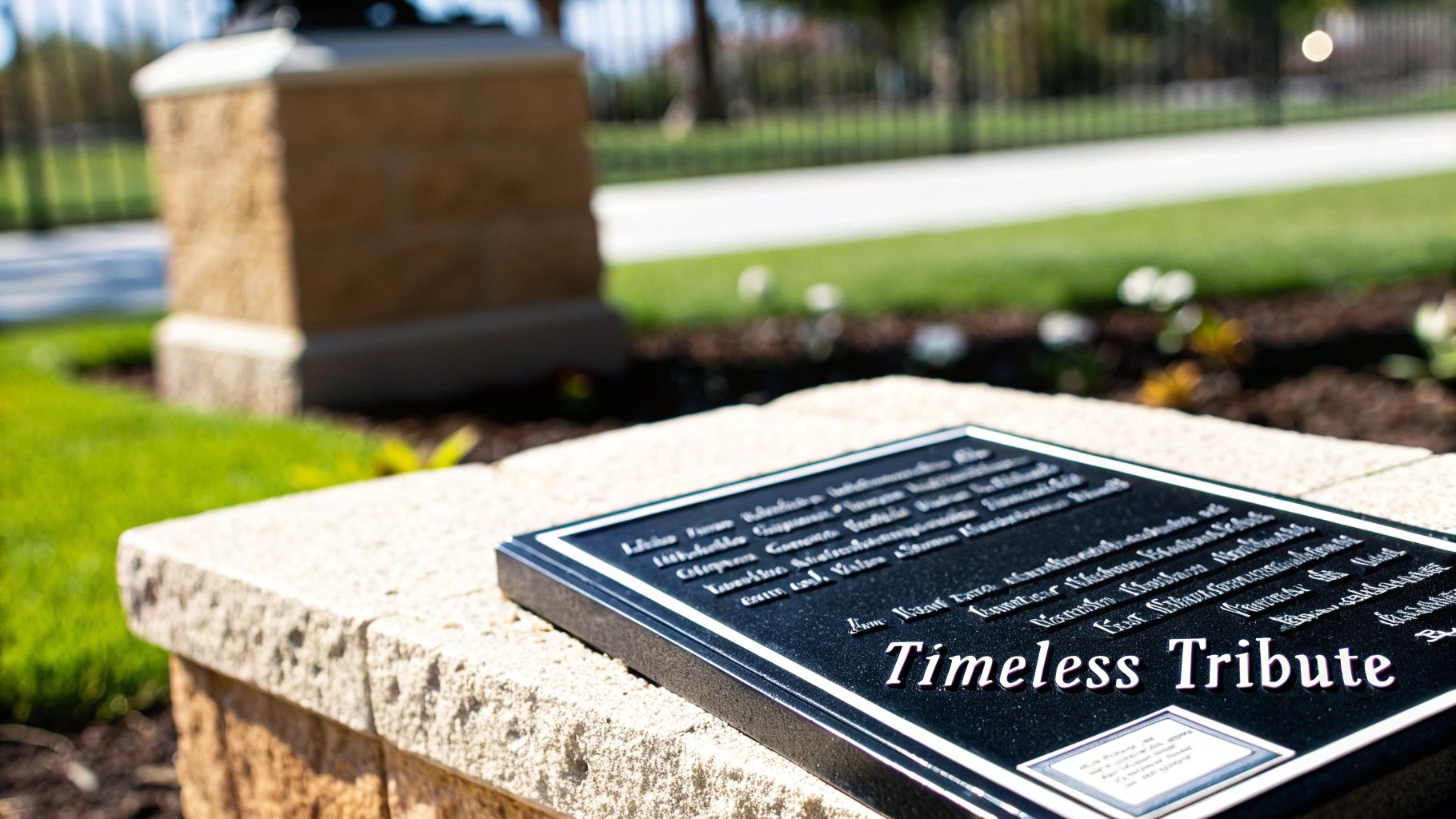 A black memorial plaque with 'Timeless Tribute' engraved in white text rests on a stone base outdoors.