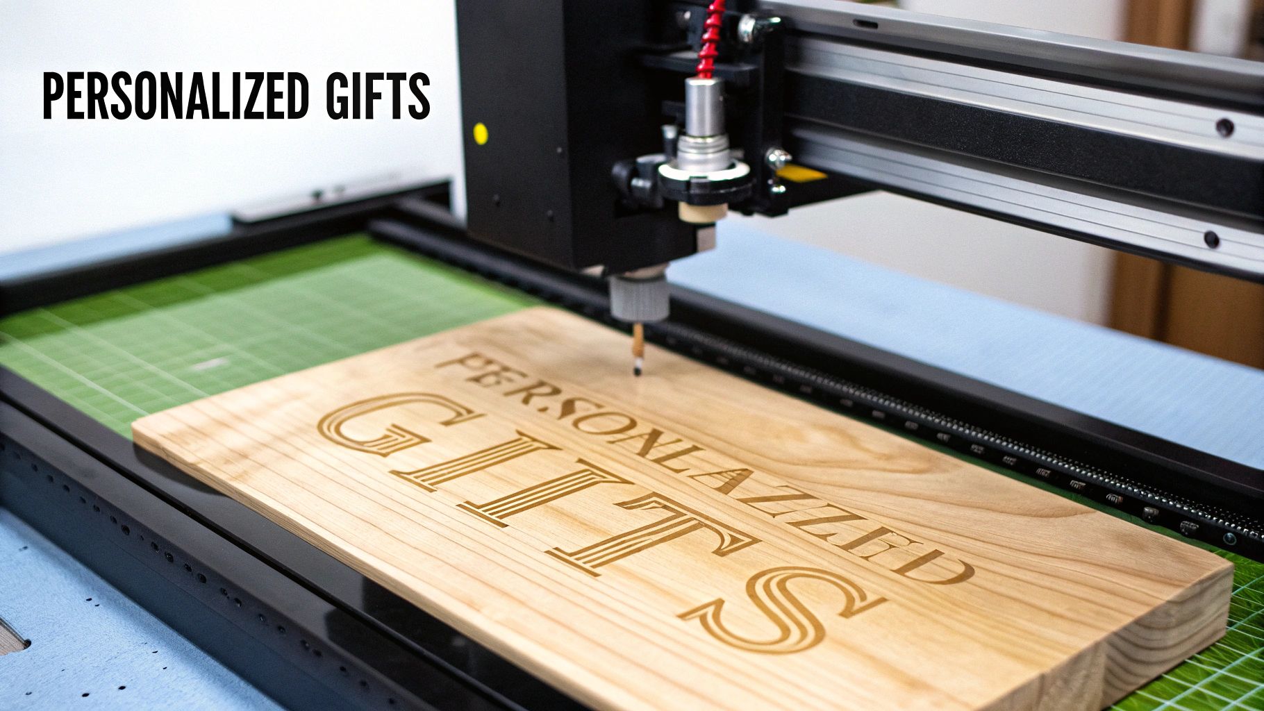 Laser engraving machine working on a wooden sign reading "Personalized Gifts," showcasing precision in custom engraving for hospitality and retail applications.