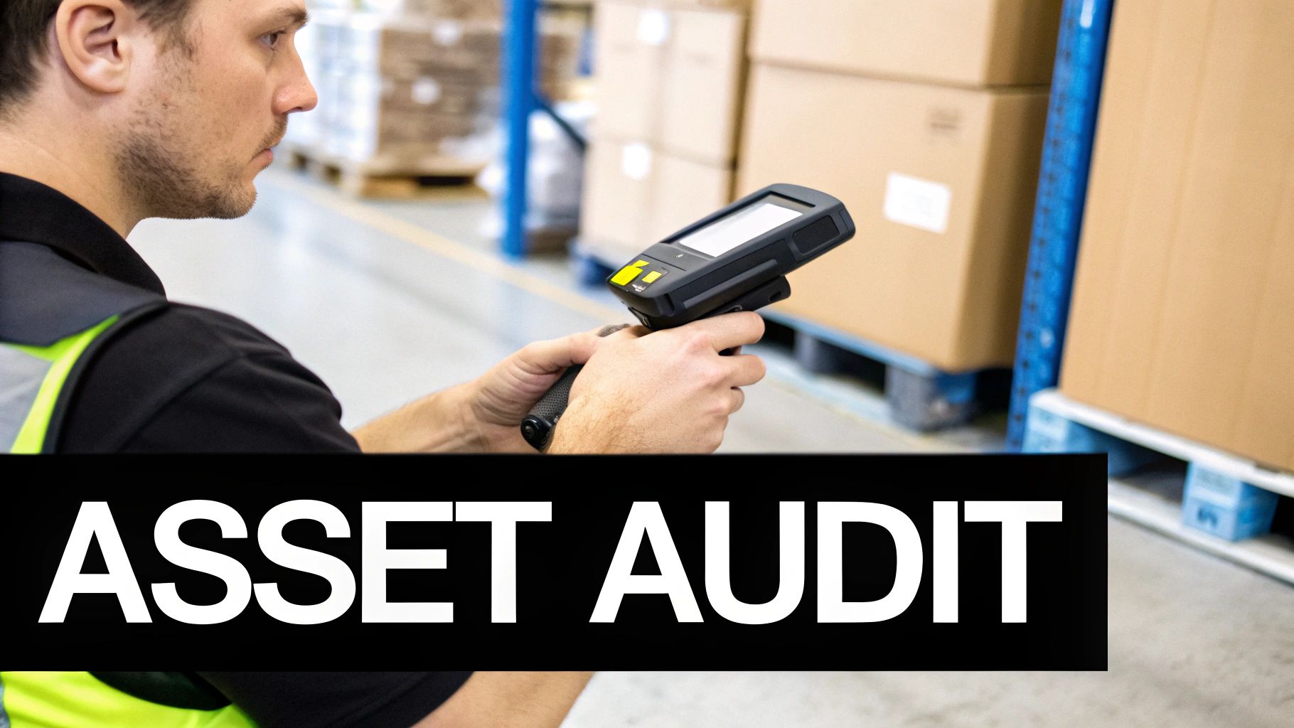 A man in a warehouse scans items with a handheld device, performing an asset audit.