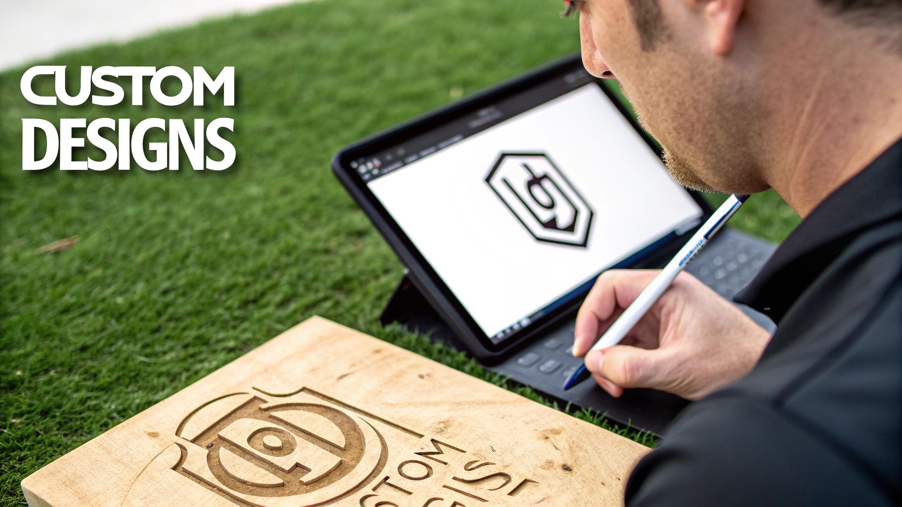 Man designing custom logo on tablet beside engraved wooden plaque, showcasing professional laser engraving service for branding and asset protection.