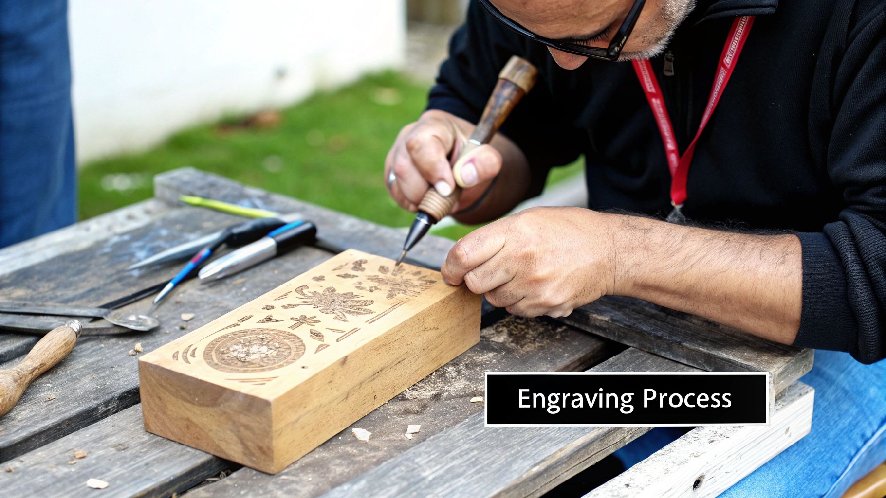Person engraving intricate designs on a wooden block using a handheld tool, surrounded by engraving tools on a workbench, illustrating the wood engraving process with precision and creativity.