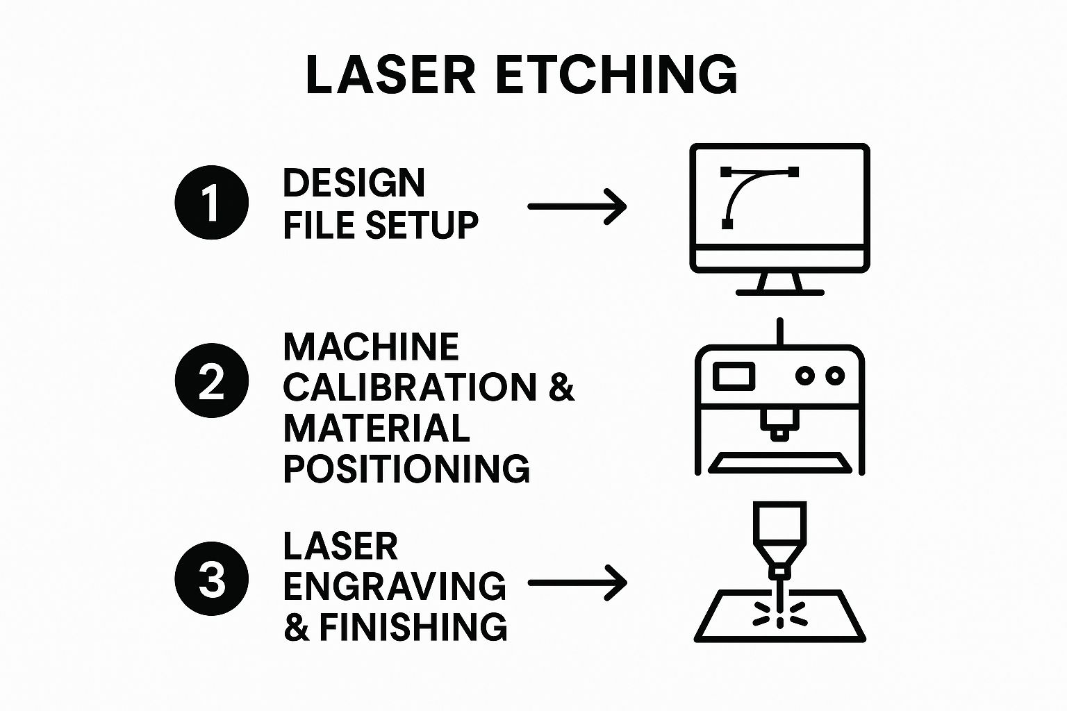 Laser etching process steps: design file setup, machine calibration and material positioning, laser engraving and finishing, illustrating precision and technology in industrial applications.