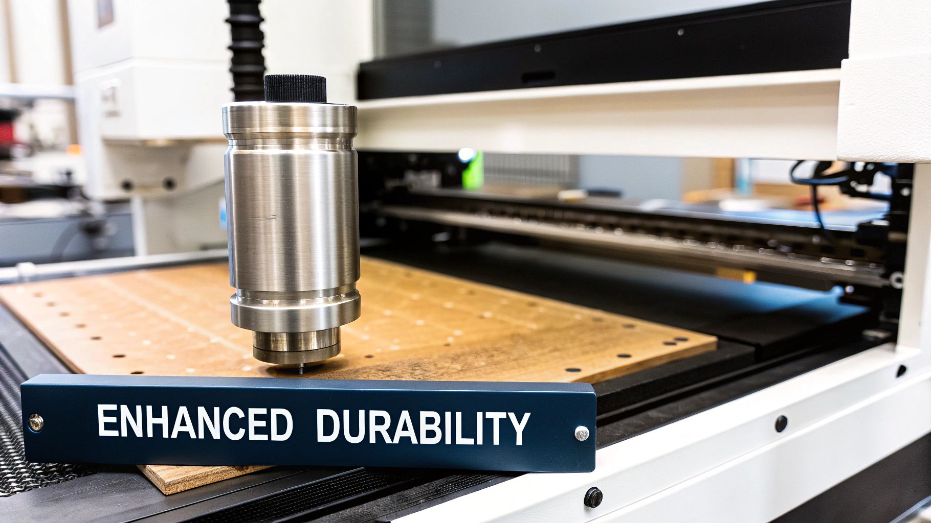 A Trotec laser machine in action, with a focused beam creating a precise mark on a metal surface.
