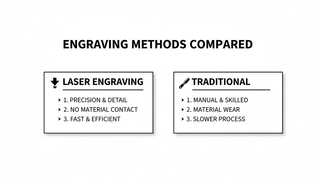 Comparison chart detailing features of laser engraving versus traditional engraving methods, including precision and speed.