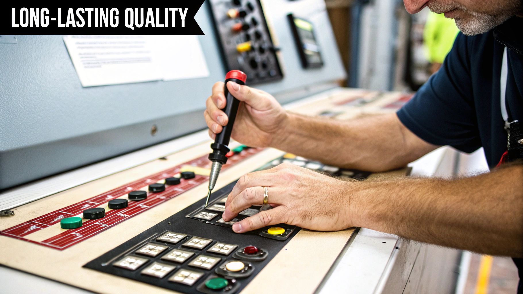 Man using a screwdriver on a control panel, emphasizing long-lasting quality in traffolyte label production with Trotec laser technology.