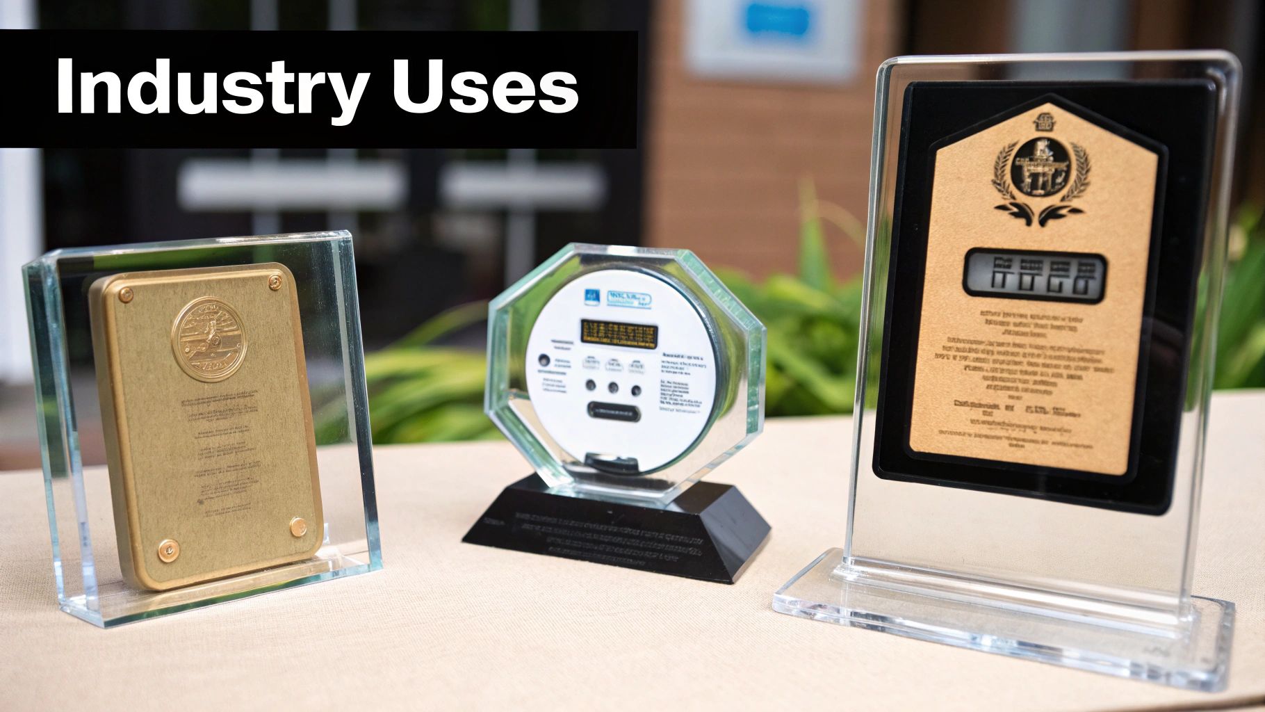 Three unique glass and acrylic awards displaying various designs and text, signifying industry uses.