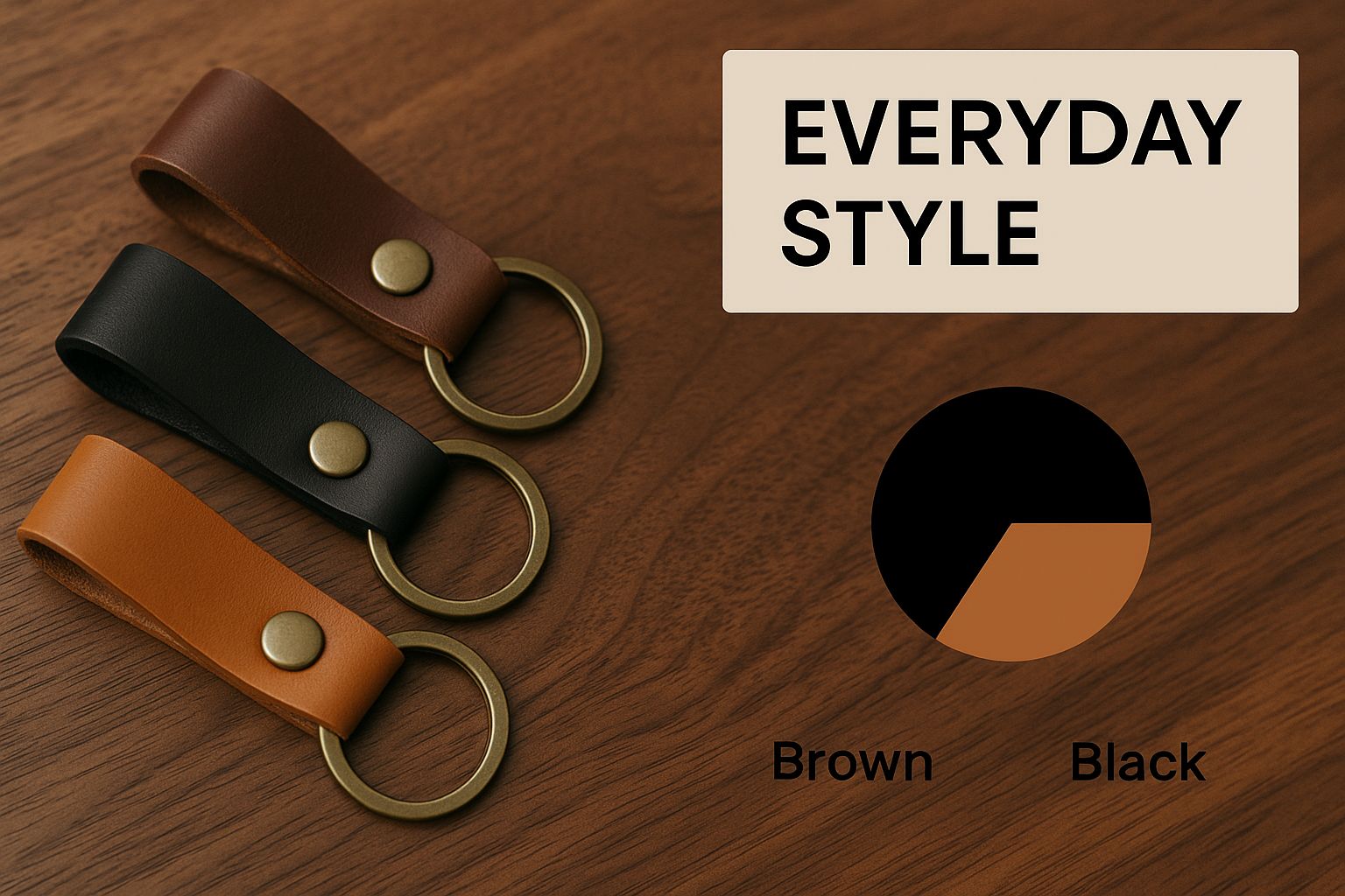 Custom leather keychains in brown and black, featuring brass hardware, displayed on a wooden surface with "Everyday Style" text and color options.