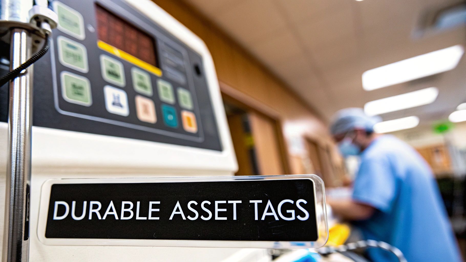 A close-up of a 'DURABLE ASSET TAGS' sign attached to medical equipment in a hospital.