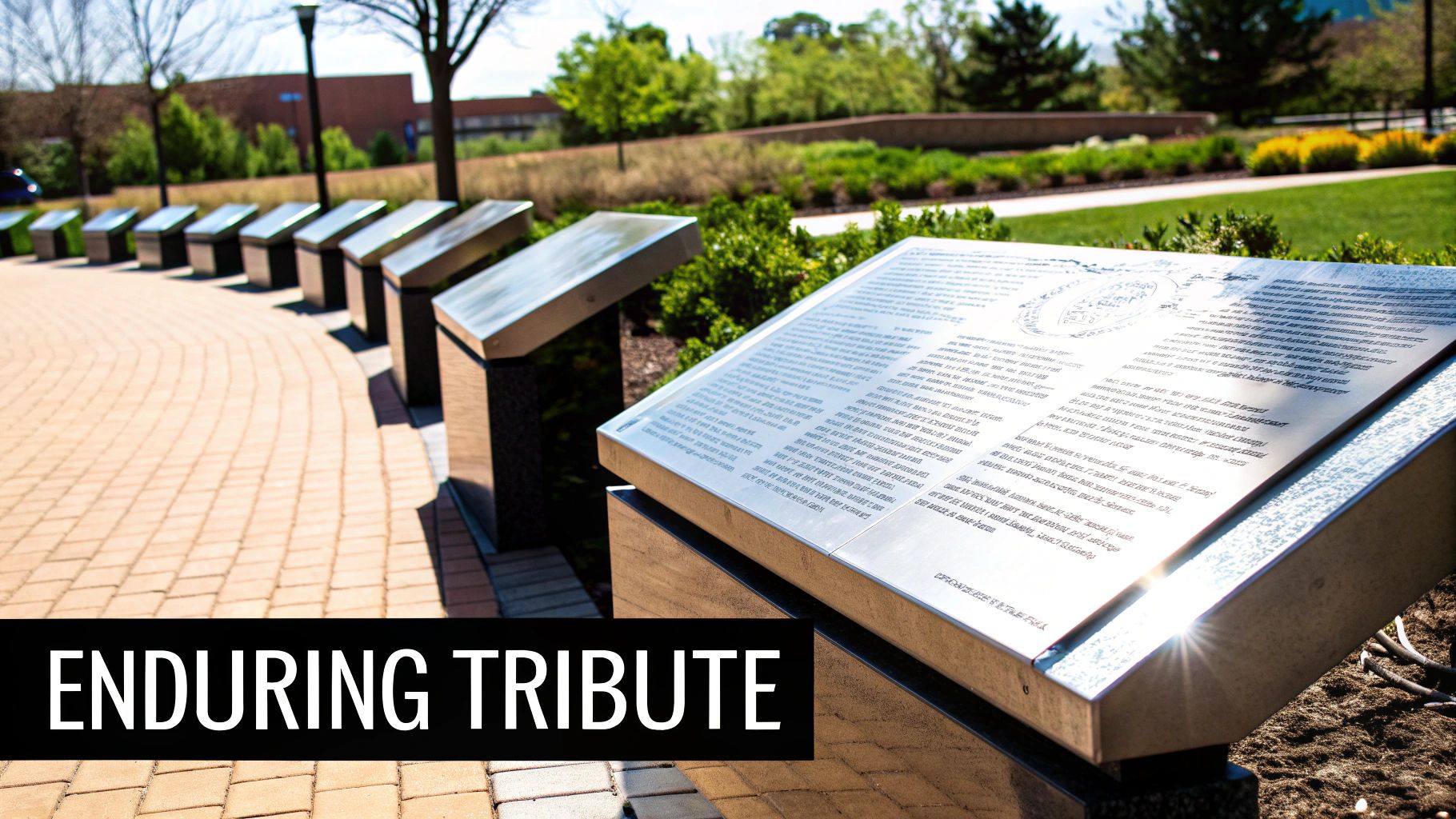 Stainless steel plaques in a landscaped area, showcasing engraved text, highlighting the importance of custom plaques for memorials and tributes.
