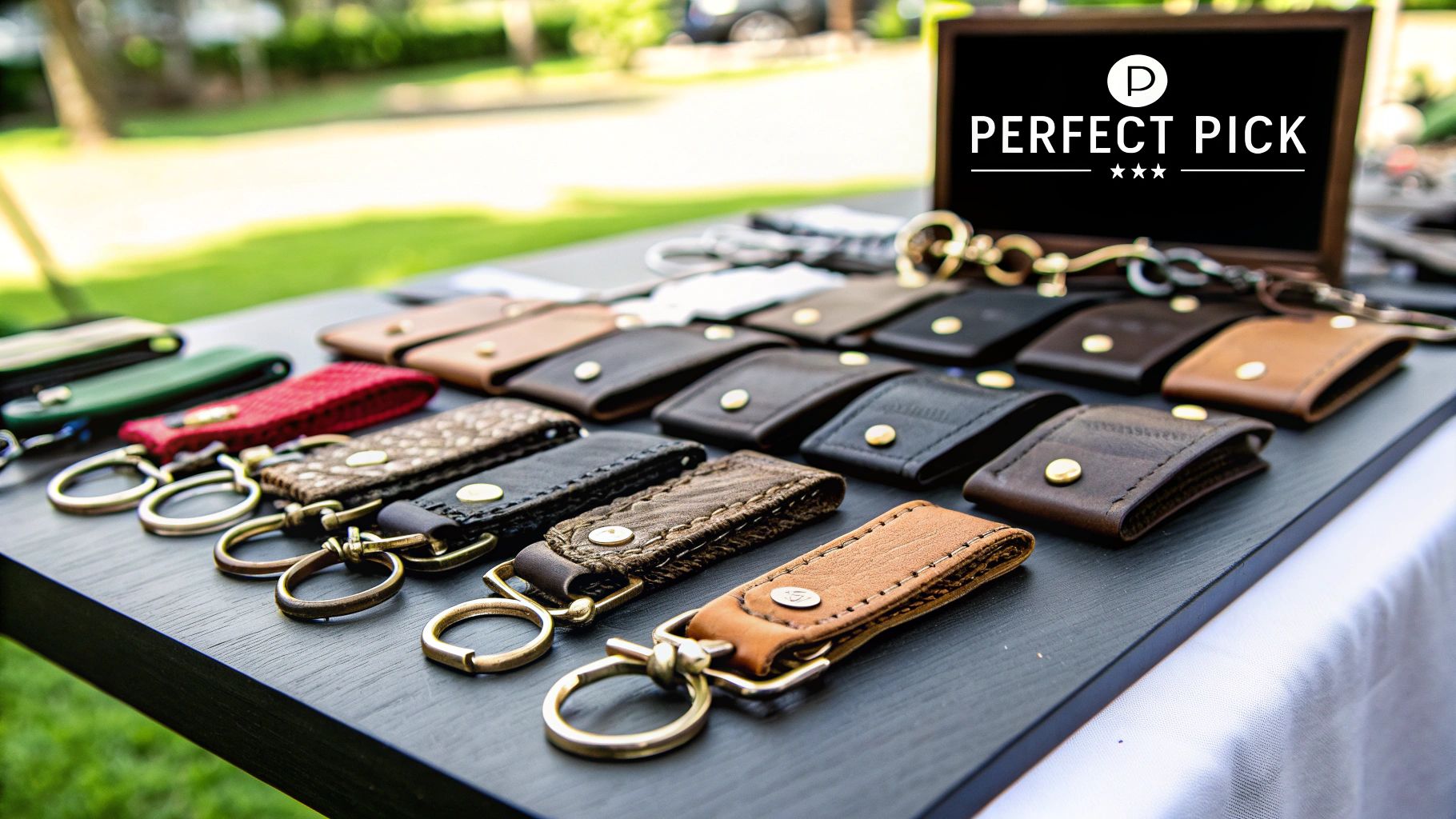 Leather keychains displayed on a table, featuring various colors and designs, showcasing craftsmanship and personalization options for custom-made keychains by Evright Industrial.