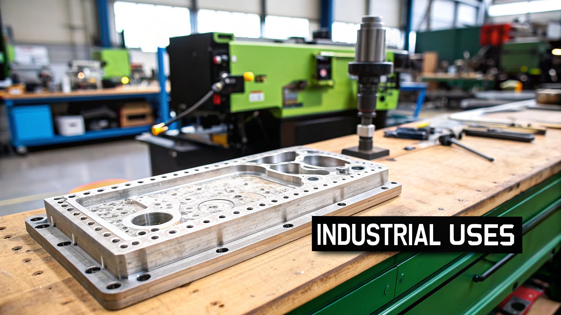 Industrial laser engraving setup featuring a detailed aluminum component on a workbench, showcasing precision tools and Trotec Laser technology for manufacturing applications.