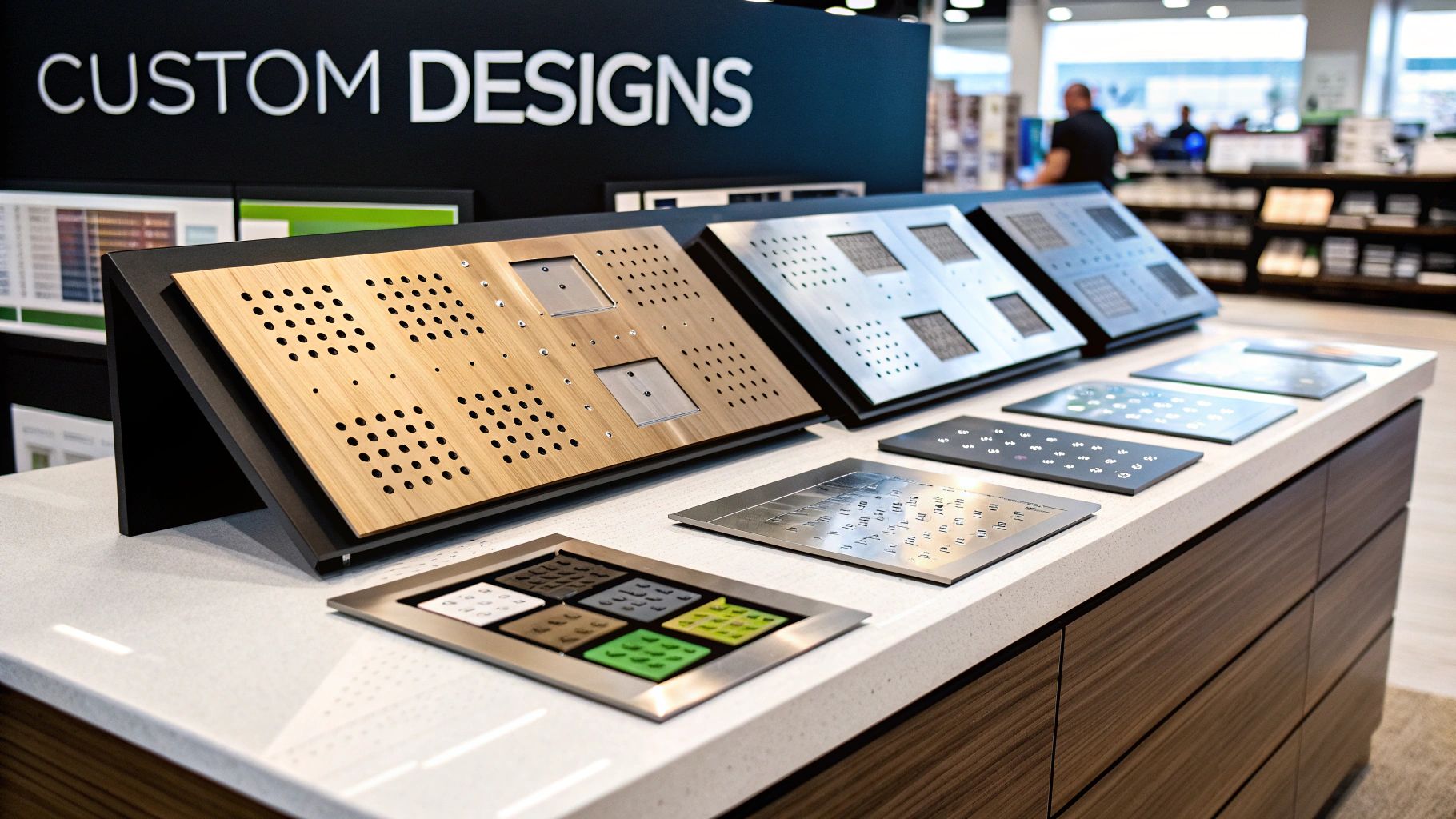 Custom stainless steel plaque display showcasing various designs and finishes on a countertop, emphasizing durability and aesthetic options for personalized plaques.
