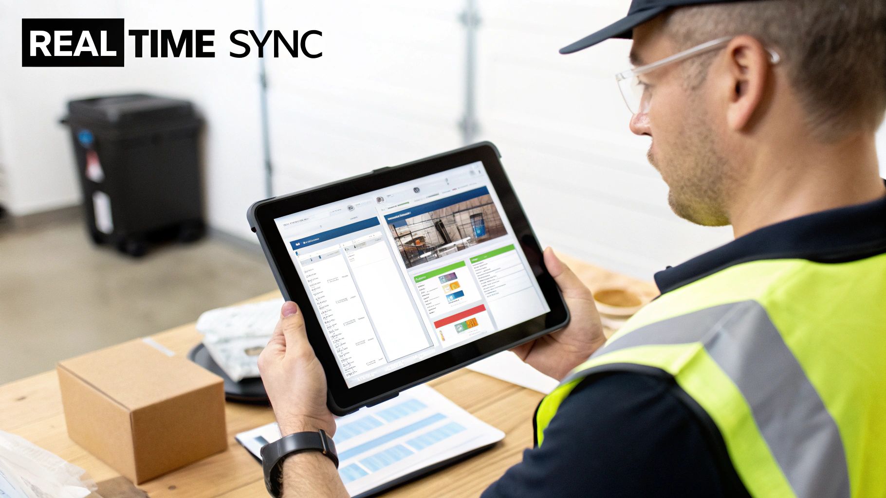 A worker in a high-visibility vest uses a tablet displaying a data management interface with real-time sync.