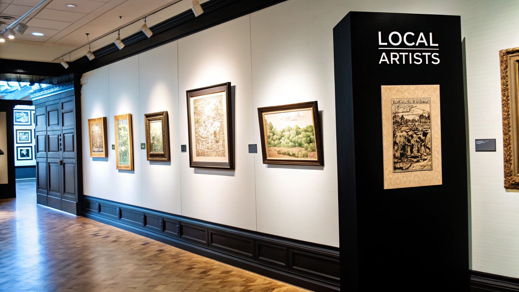 Gallery wall displaying wood engravings by local artists, featuring framed artworks and a prominent sign reading "LOCAL ARTISTS," showcasing the evolution of wood engraving techniques in Adelaide.