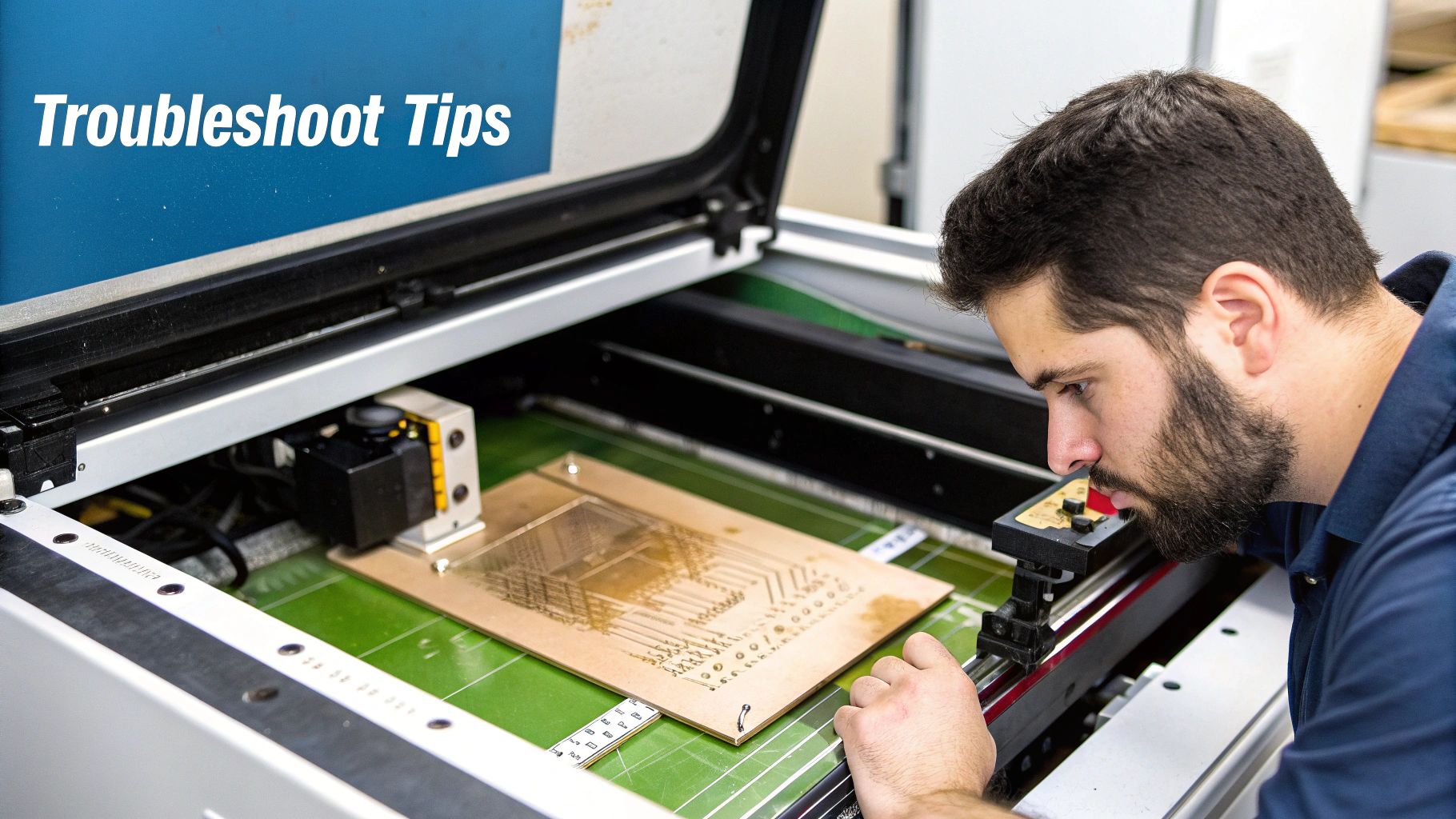 A Trotec laser machine engraving a complex design on an aluminium plate.