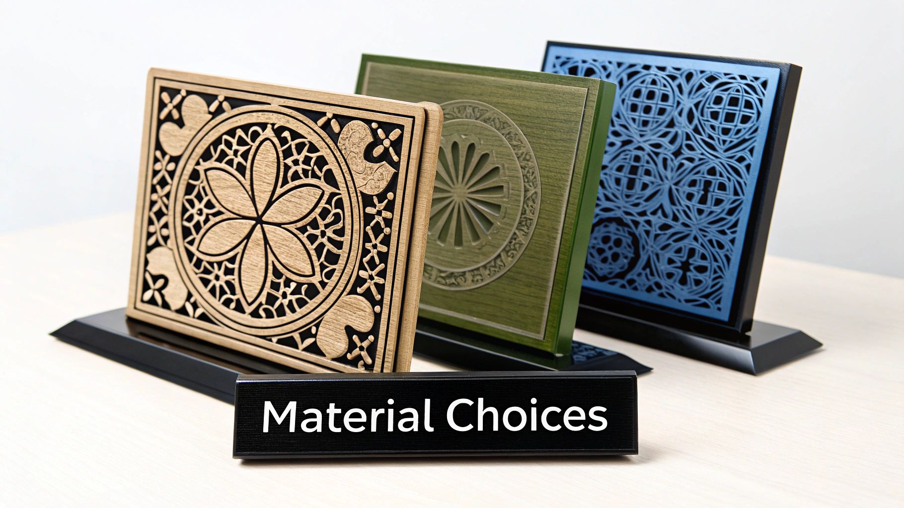 Laser-etched plaques in various materials, featuring intricate designs, labeled "Material Choices" for showcasing options in plaque customization.