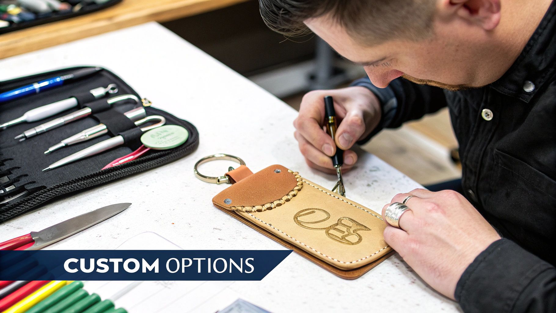 Person engraving a custom leather keyring with tools and materials, showcasing the craftsmanship involved in personalized leather products for Evright Industrial.