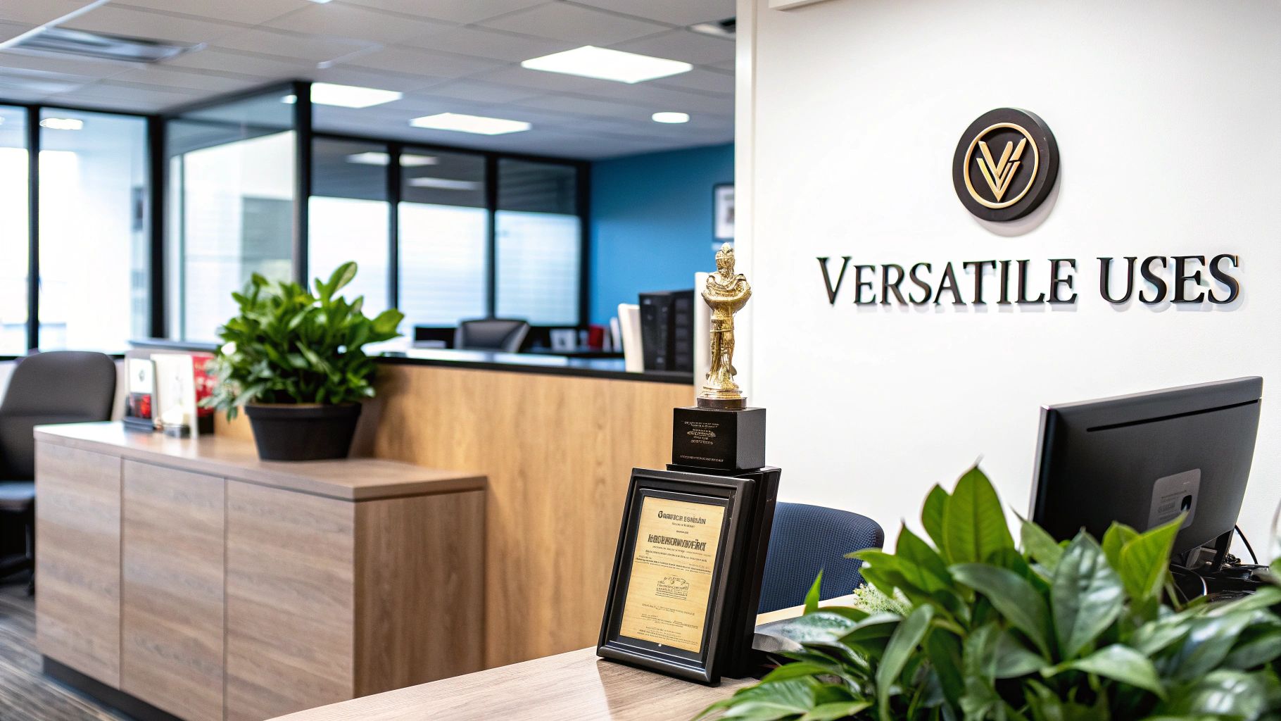 Laser engraved award trophy and plaque on office reception desk, featuring "Versatile Uses" sign, surrounded by greenery and modern office decor.