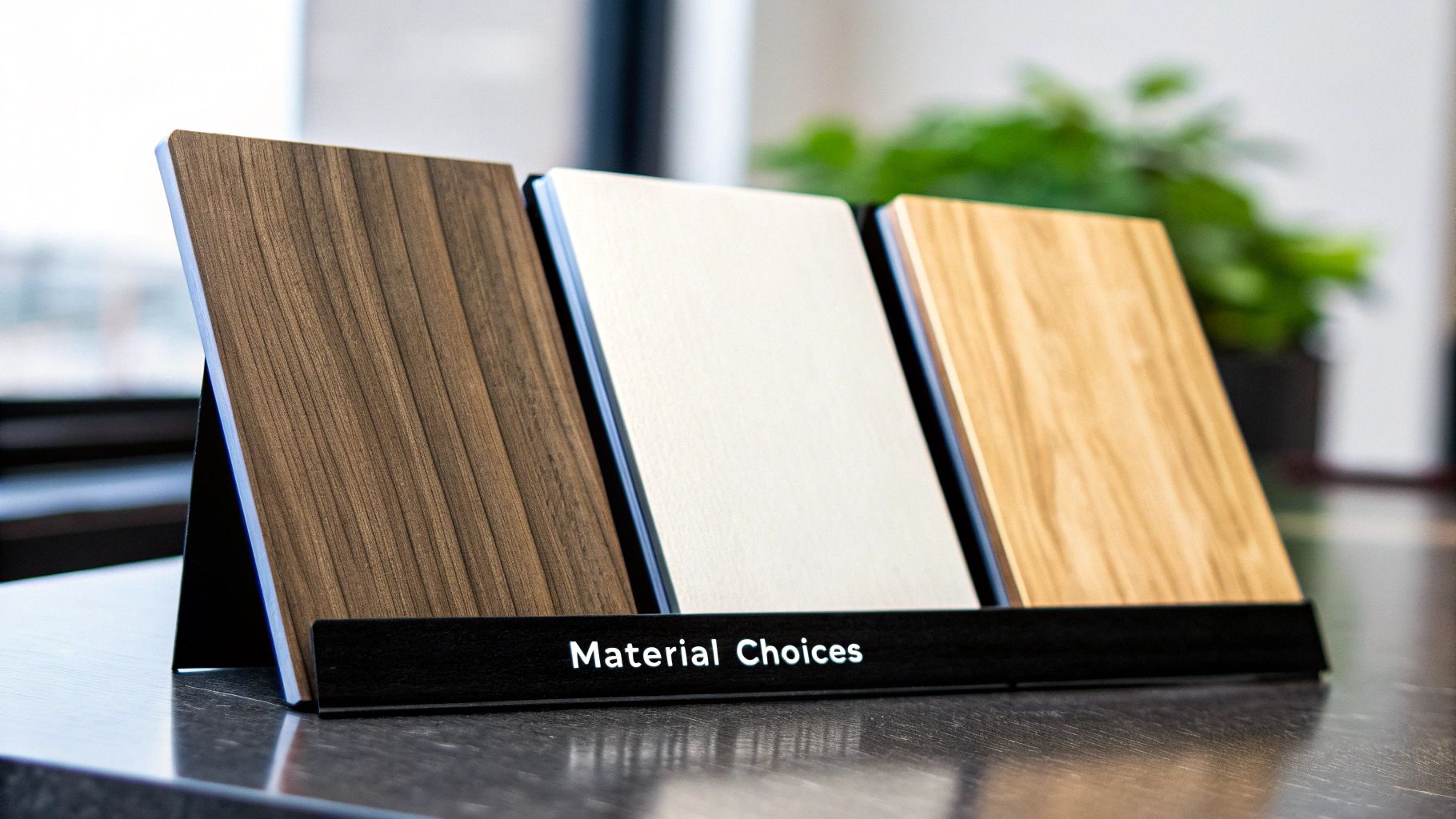 Material samples showcasing wood and laminate options for customizable laser engraved plaques at Evright Industrial.