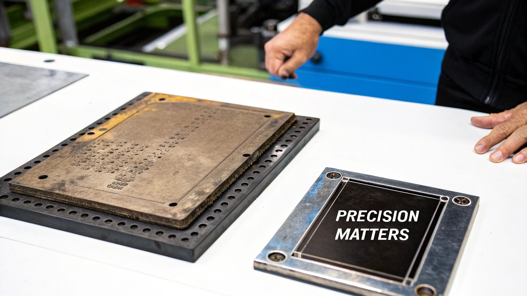 A person's hands near two metal plates: an old industrial mold and a new 'PRECISION MATTERS' plaque.