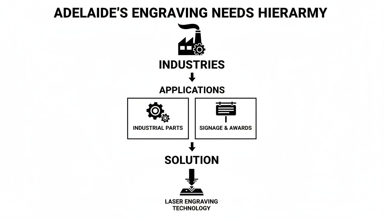 Adelaide's engraving needs hierarchy, illustrating industries, applications (parts, signage, awards), and laser engraving solution.