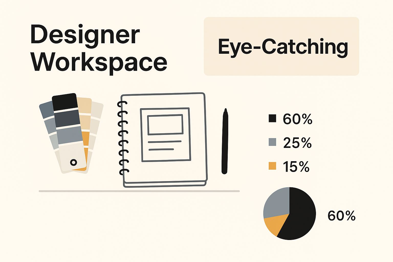 Designer workspace featuring color swatches, a notebook, and a pen, illustrating design concepts and statistical data representation for effective signage.